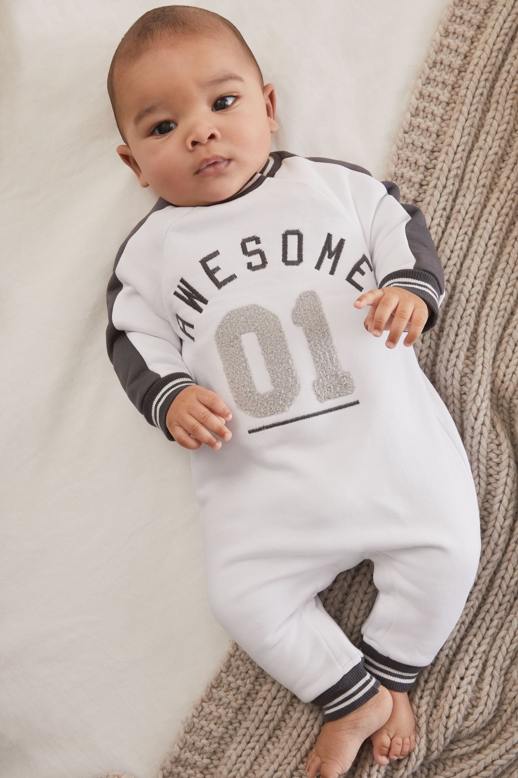 White Baby Printed Varsity Romper (0mths-3yrs)