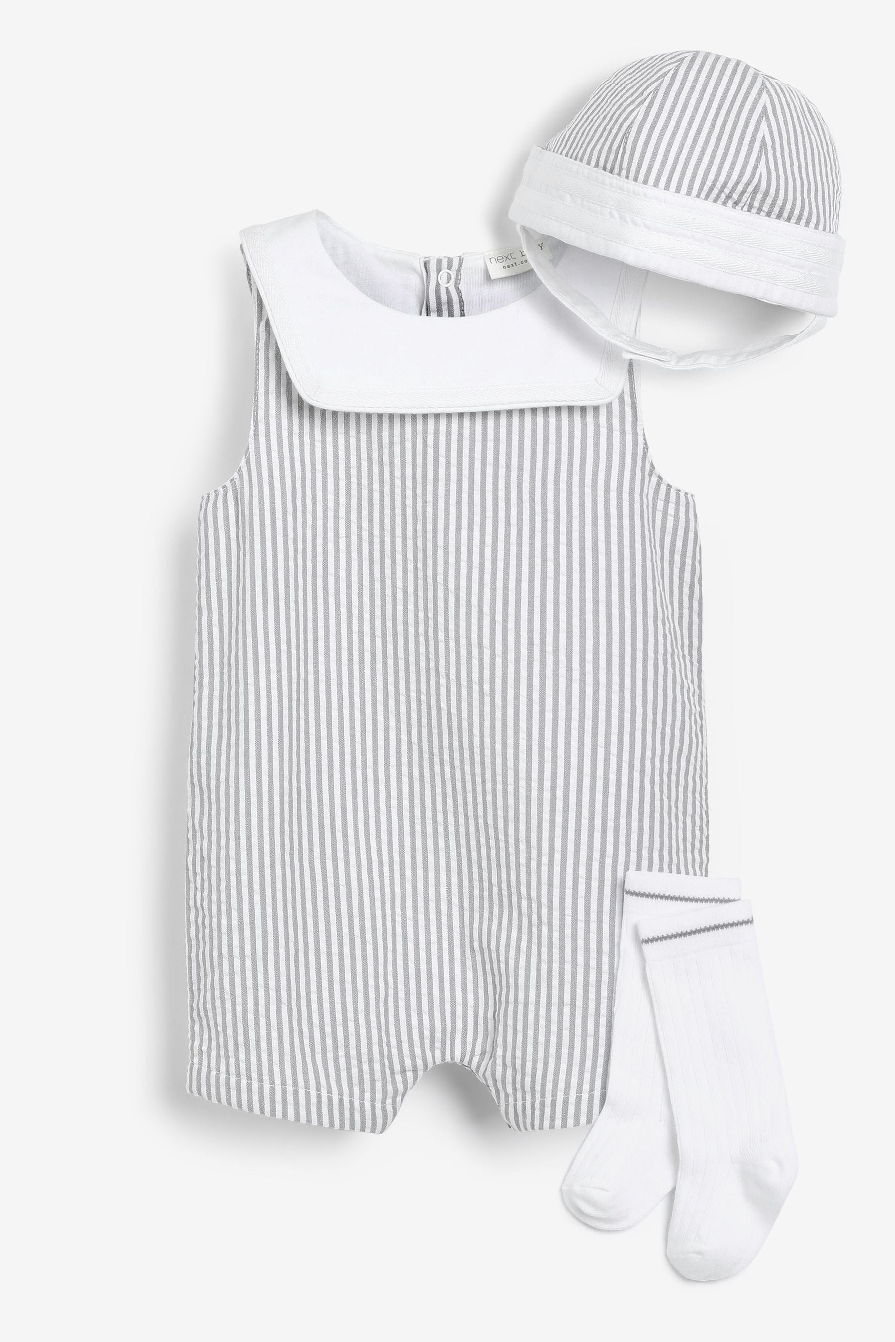 Grey Stripe Baby Smart Romper, Hat And Socks Set (0mths-3yrs)