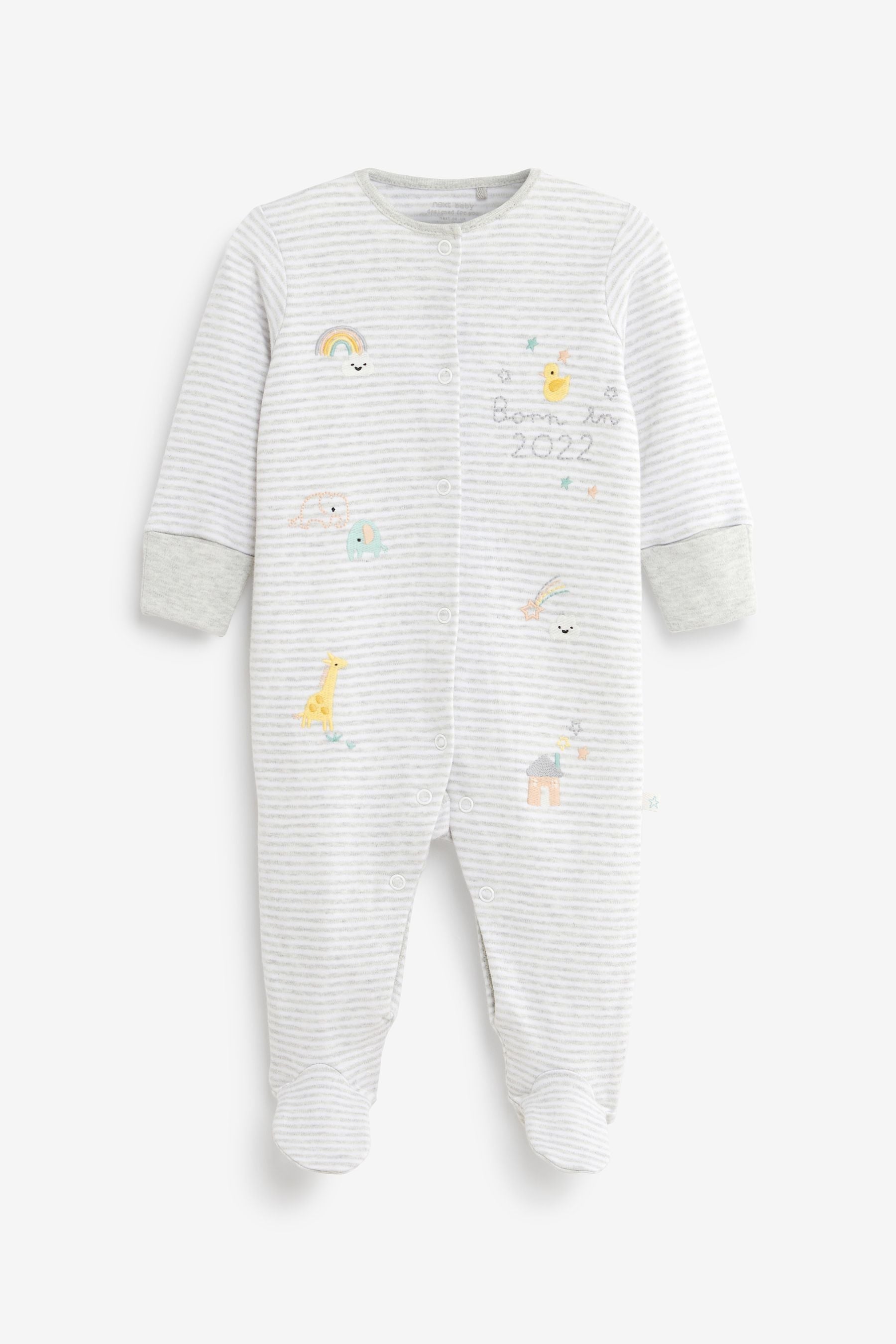 White/Grey Stripe Born In 2022 Single Sleepsuit (0-9mths)