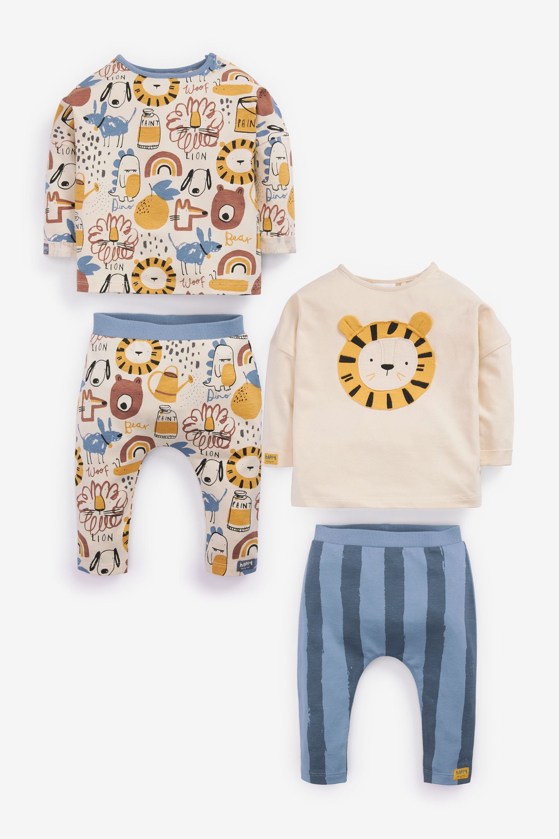 Blue/Ochre Yellow Lion Baby 4 Pack Long Sleeve Tops & Leggings Set