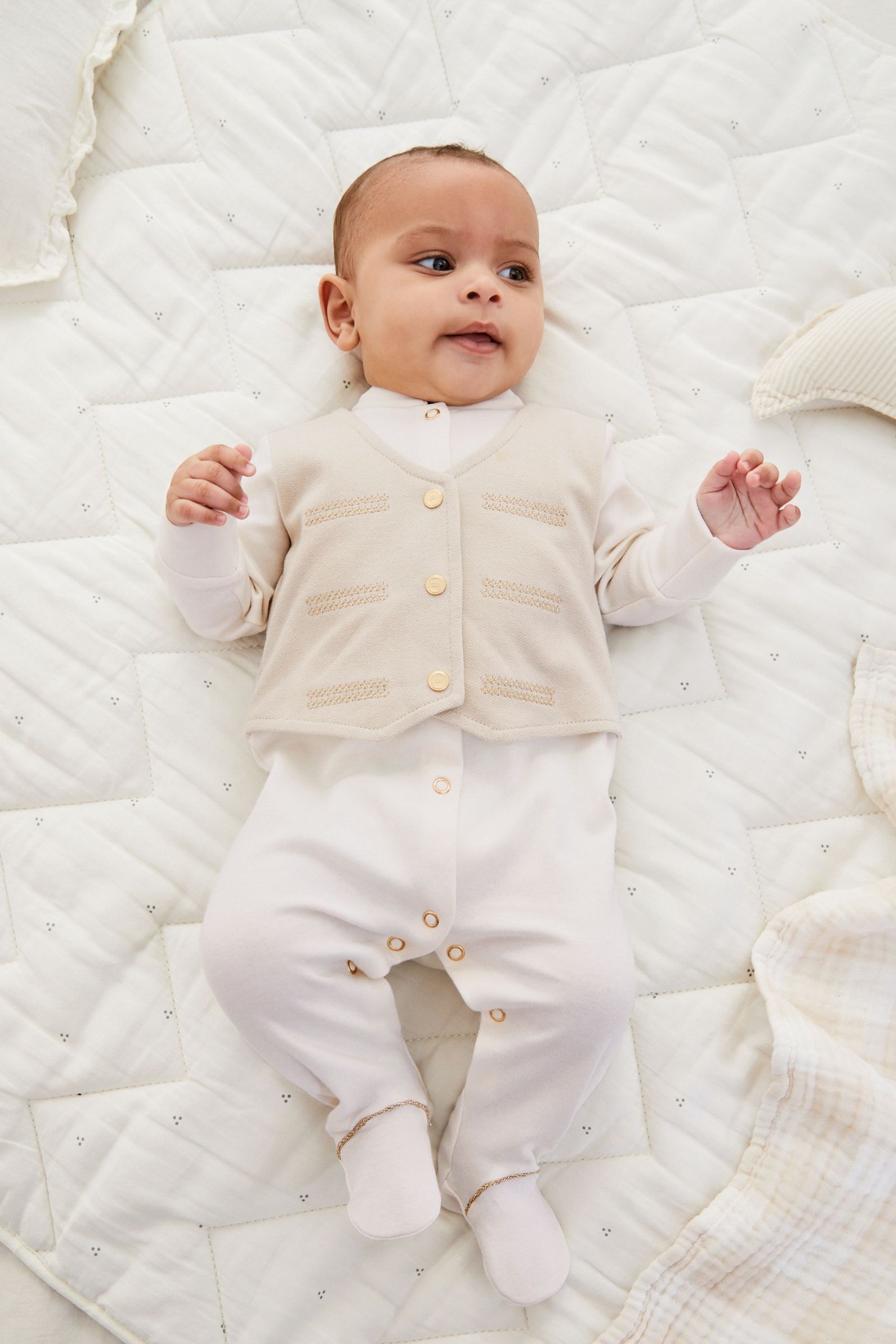 White Waistcoat Baby Embroidered Sleepsuit (0-2yrs)