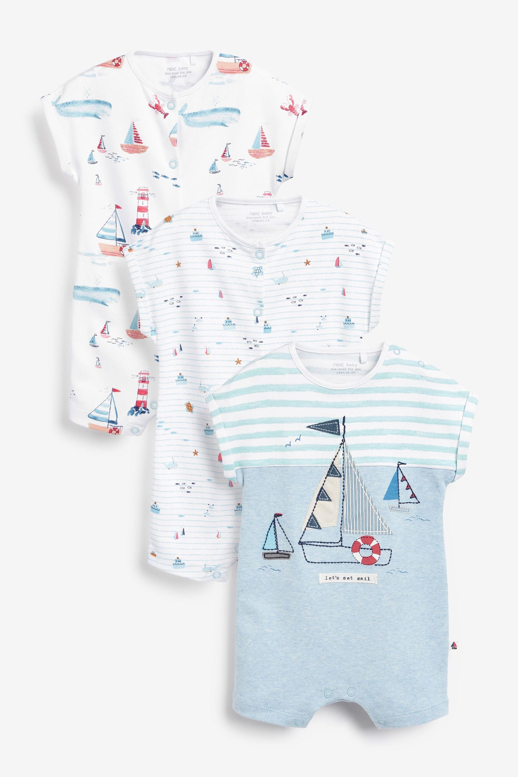 White/Blue Boat Baby 3 Pack Rompers (0mths-3yrs)