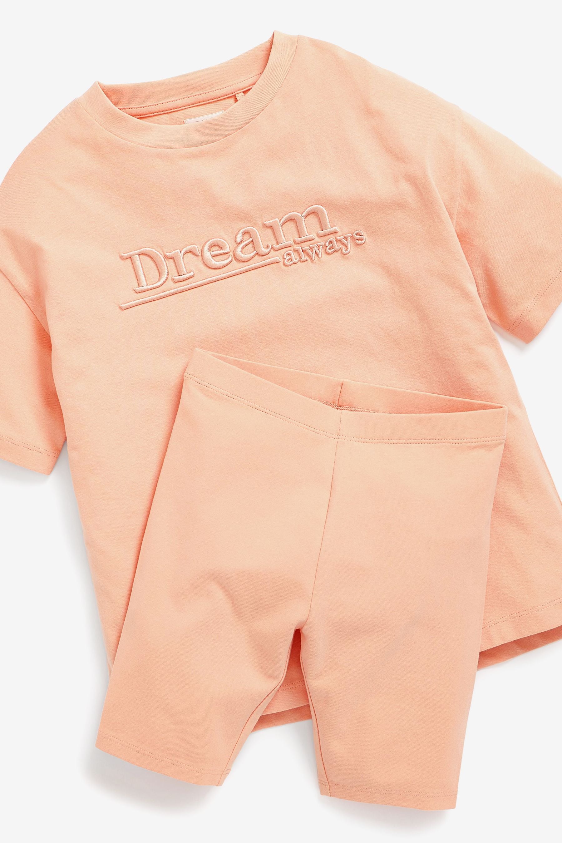 Coral Pink Dream Embroidered T-Shirt & Cycle Short Set (3-16yrs)