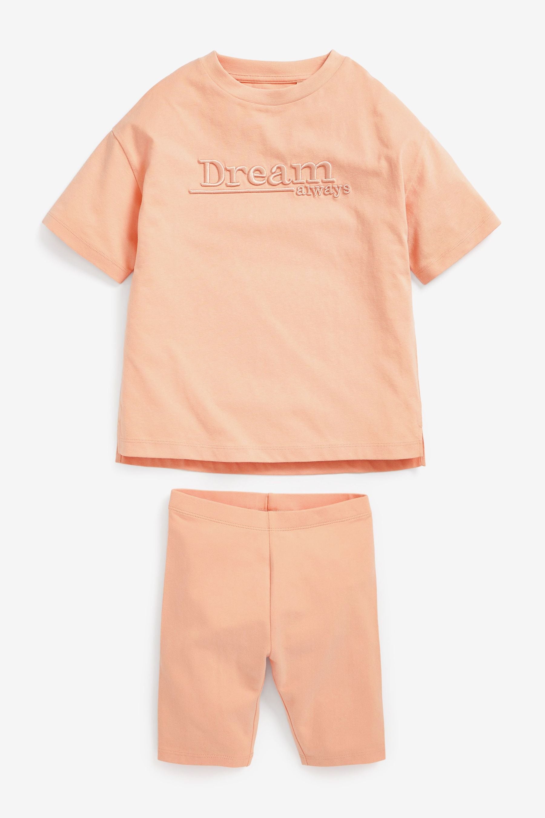 Coral Pink Dream Embroidered T-Shirt & Cycle Short Set (3-16yrs)