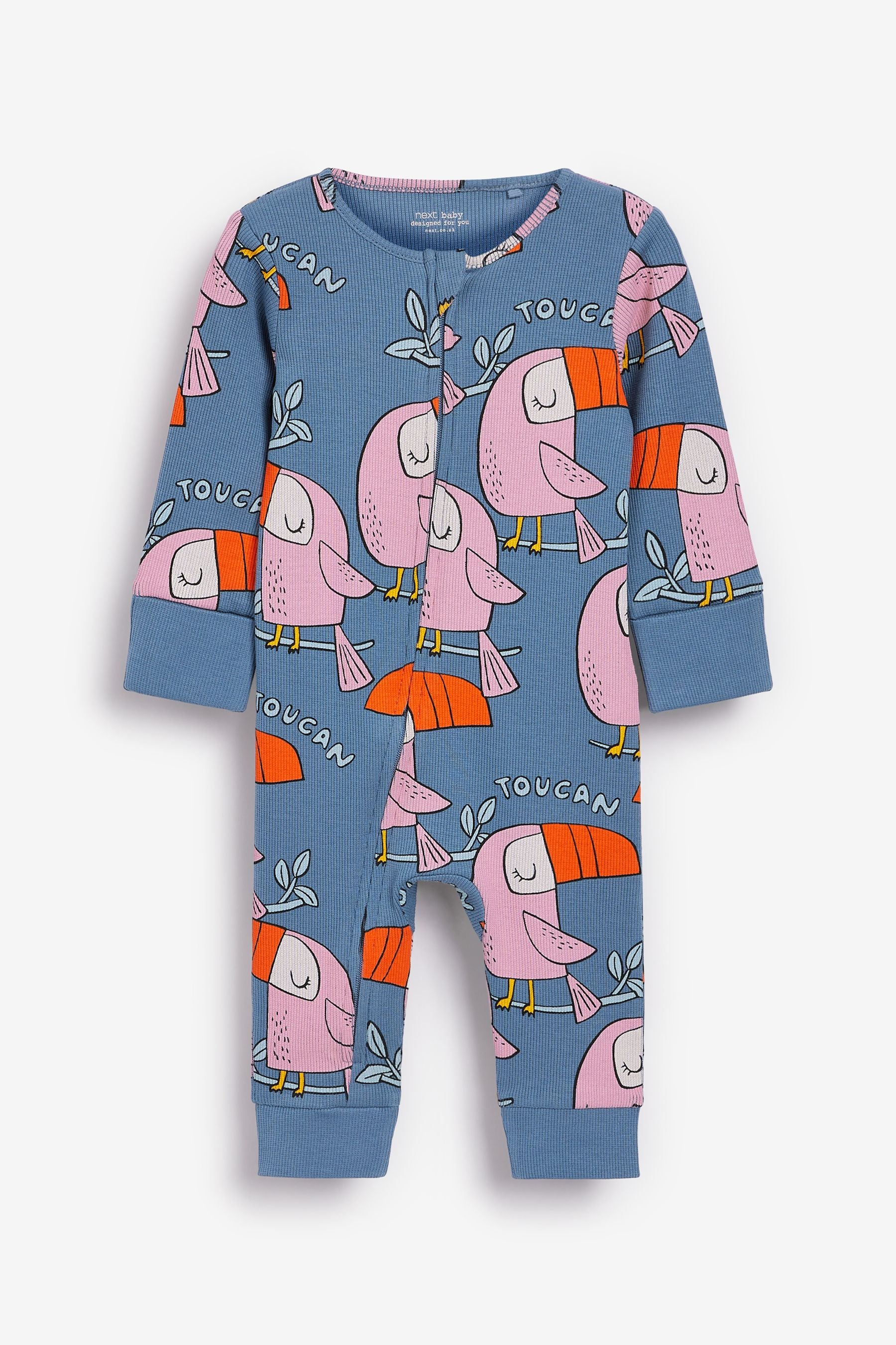 Pink/Blue Toucan 2 Pack Zip Baby Sleepsuits (0mths-3yrs)