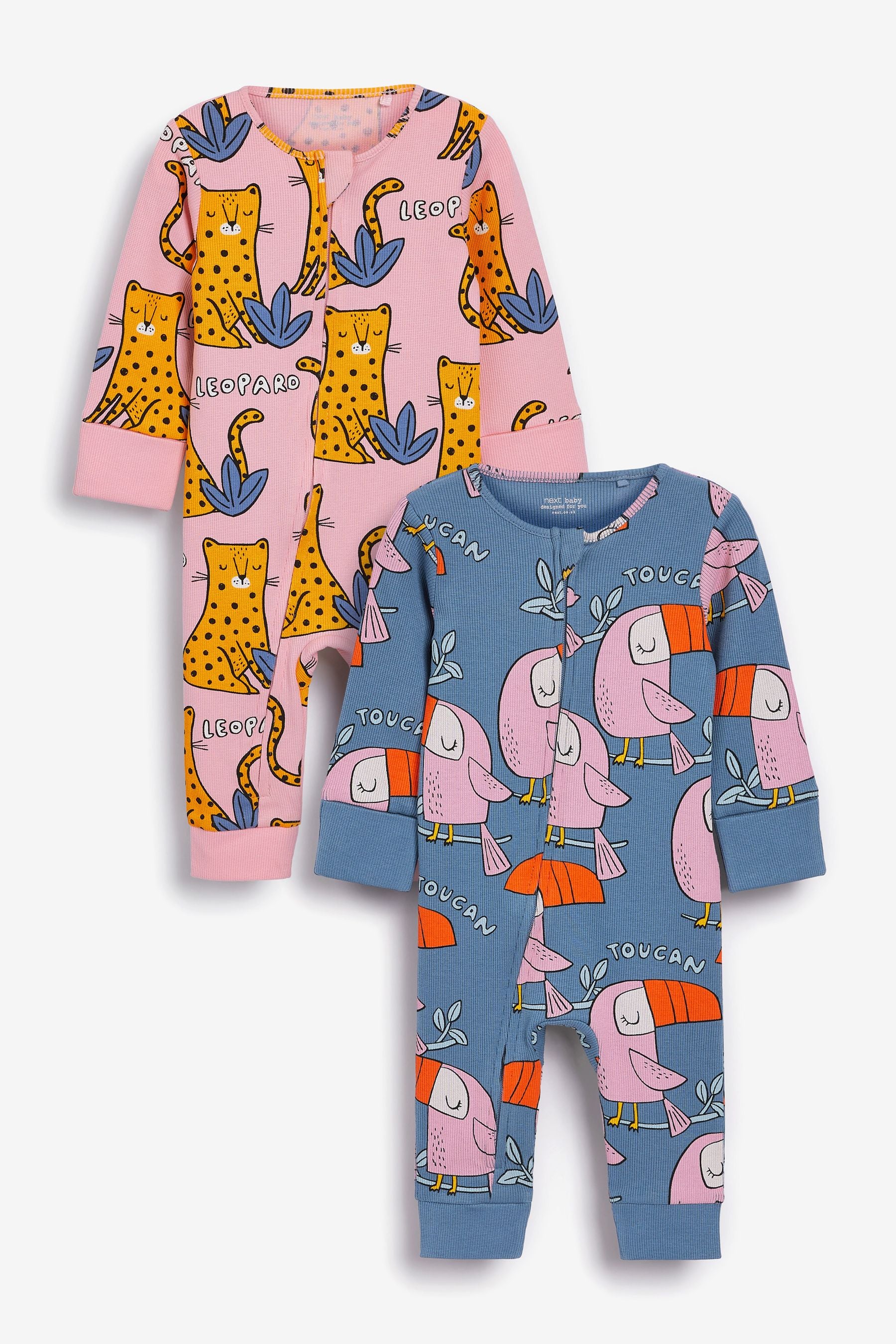 Pink/Blue Toucan 2 Pack Zip Baby Sleepsuits (0mths-3yrs)