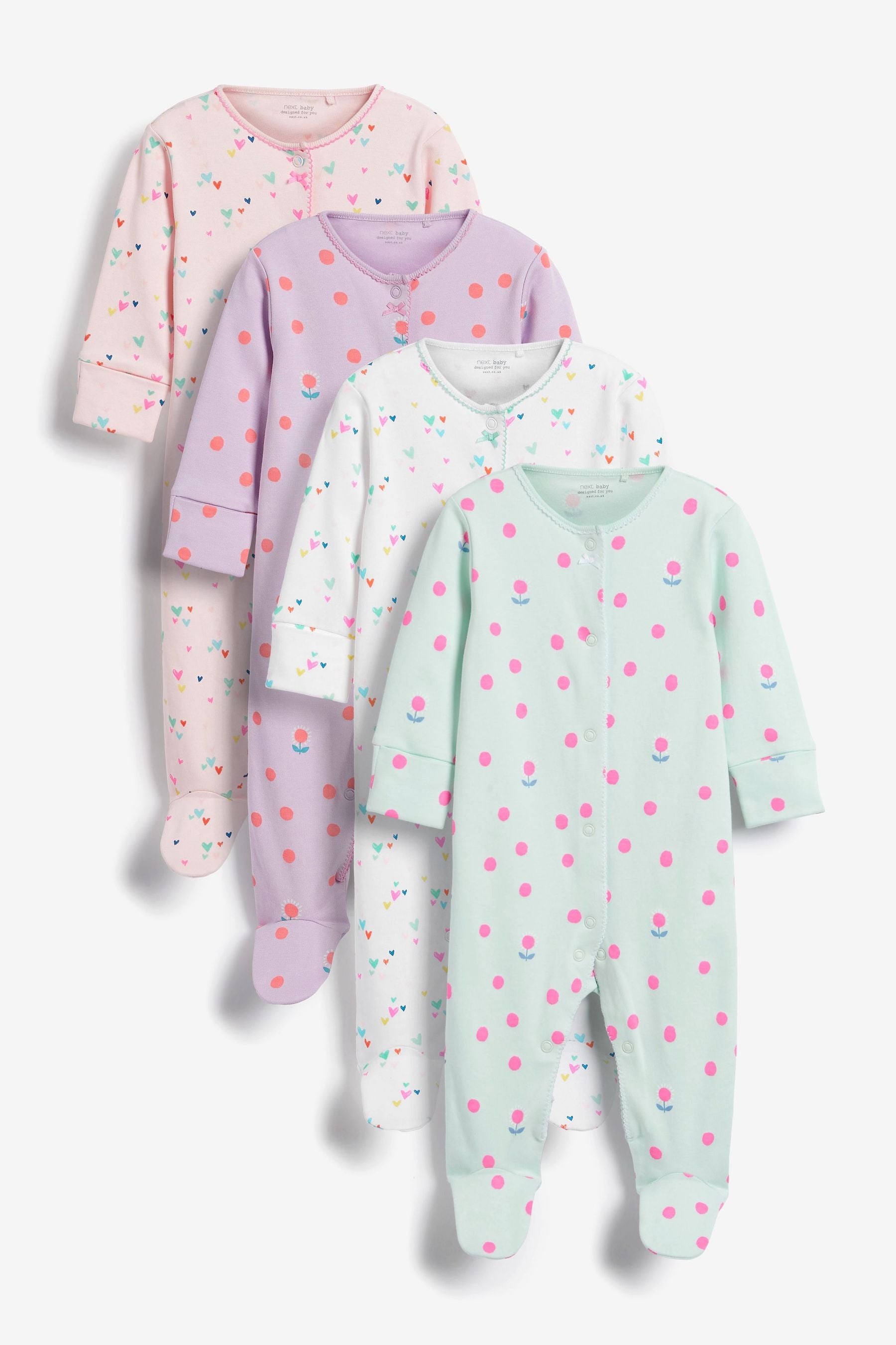 Bright Pink/Green 4 Pack Baby Sleepsuits (0-3yrs)