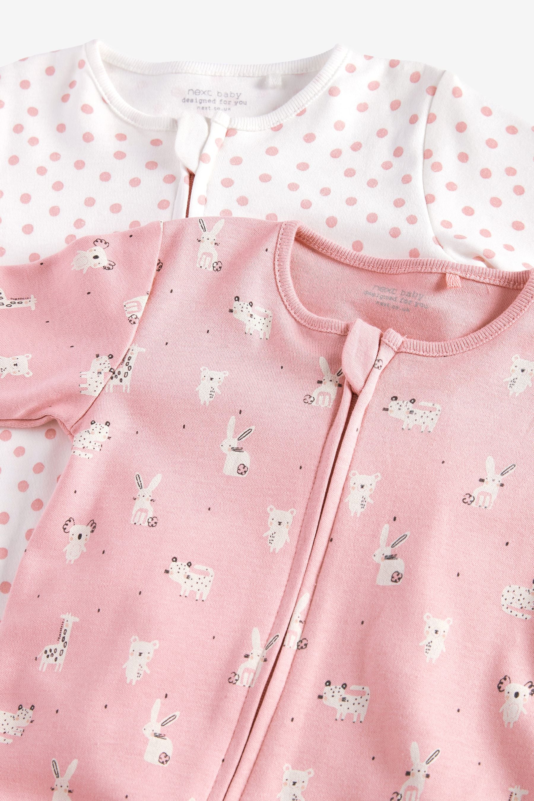 Pink Spot & Bunny 2 Pack Zip Baby Sleepsuits (0-2yrs)