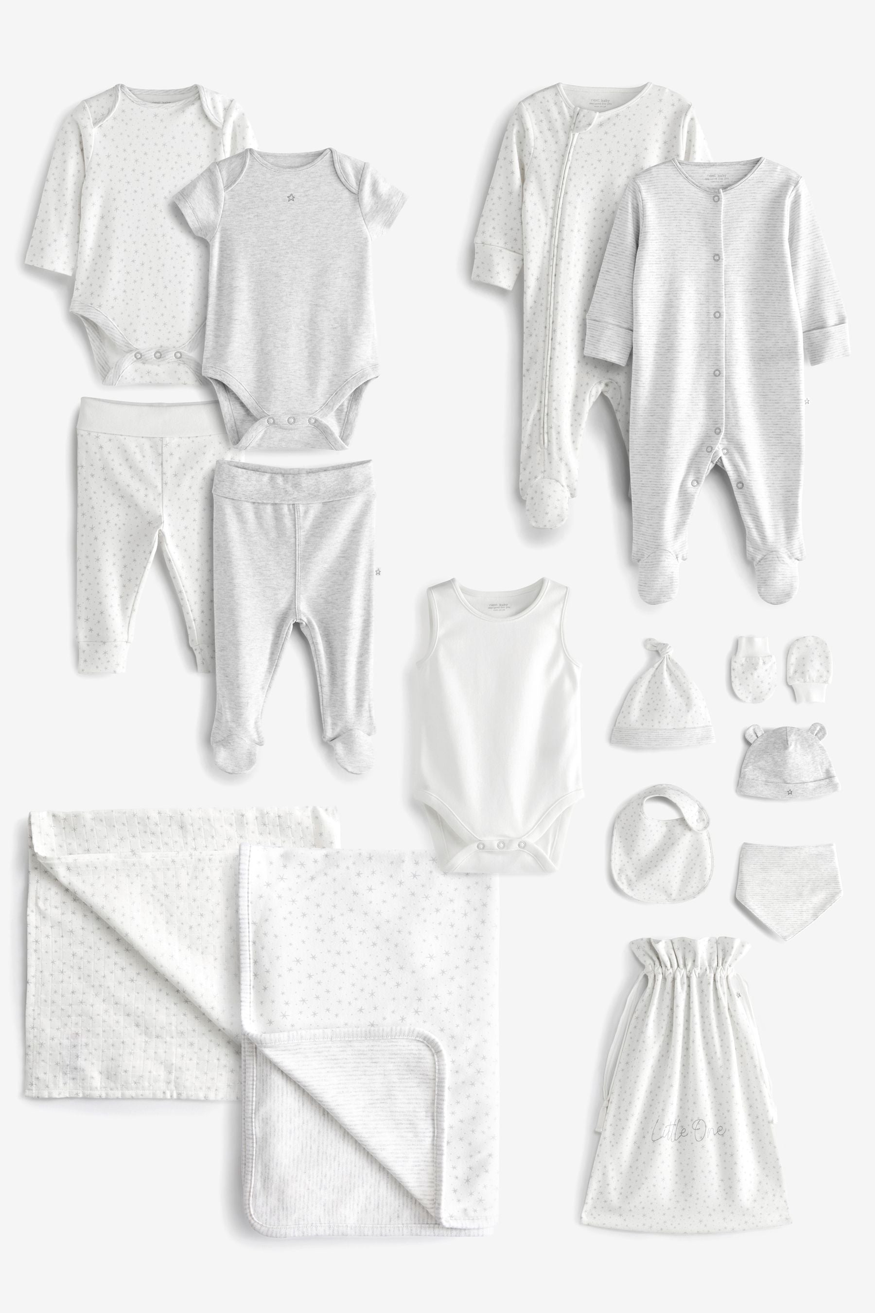 White/Grey 15 Piece Baby Sleepsuit, Tops, Joggers & Hats Set (0-6mths)