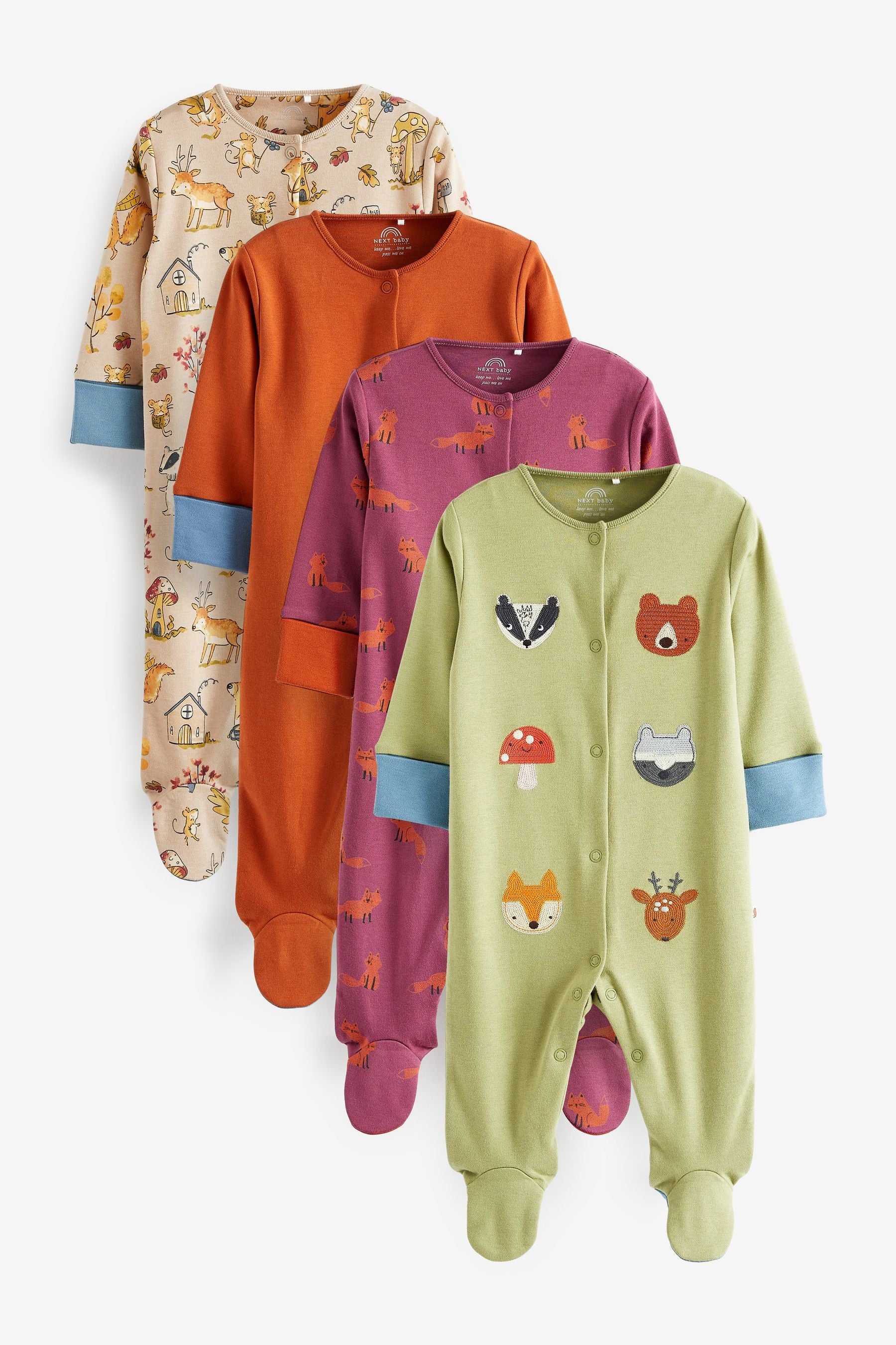 Woodland Characters Green/Rust Orange Sleepsuits 4 Pack (0-2yrs)