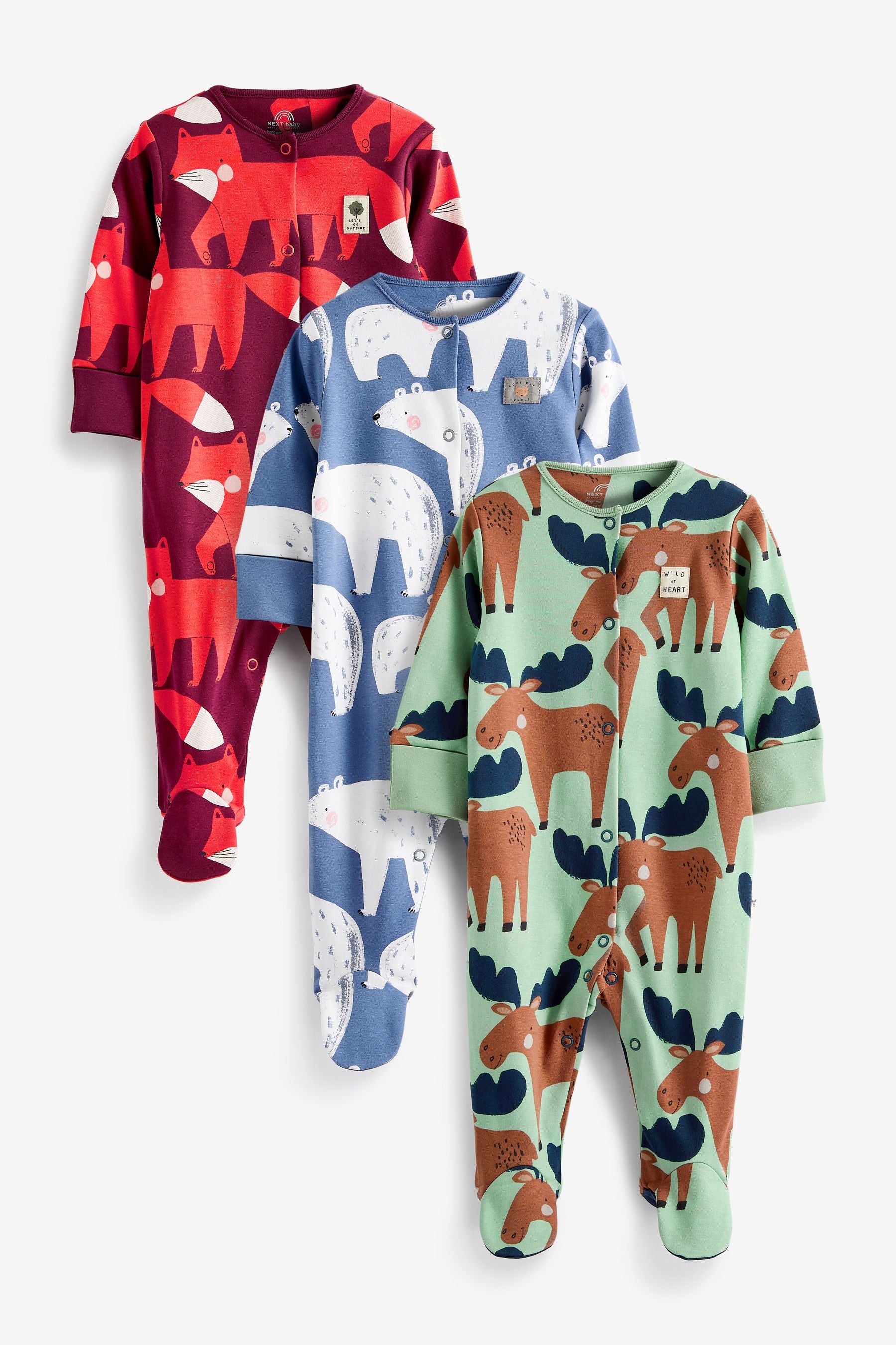 Berry Red/Navy Blue Woodland Animals 3 Pack Baby Sleepsuits (0mths-2yrs)