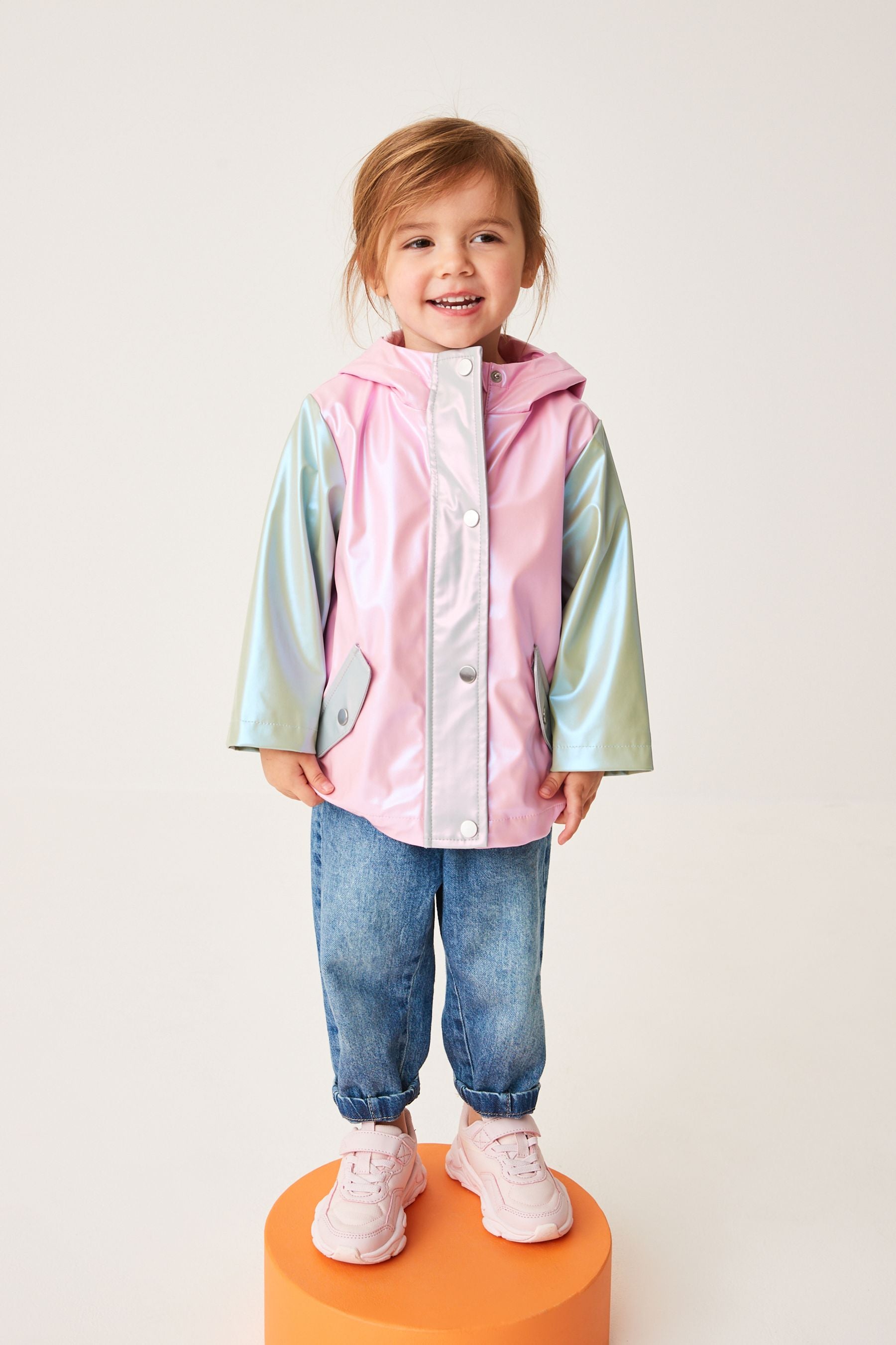 Pink/Green Shower Resistant 3D Unicorn Colourblock Metallic Mac Jacket (3mths-7yrs)