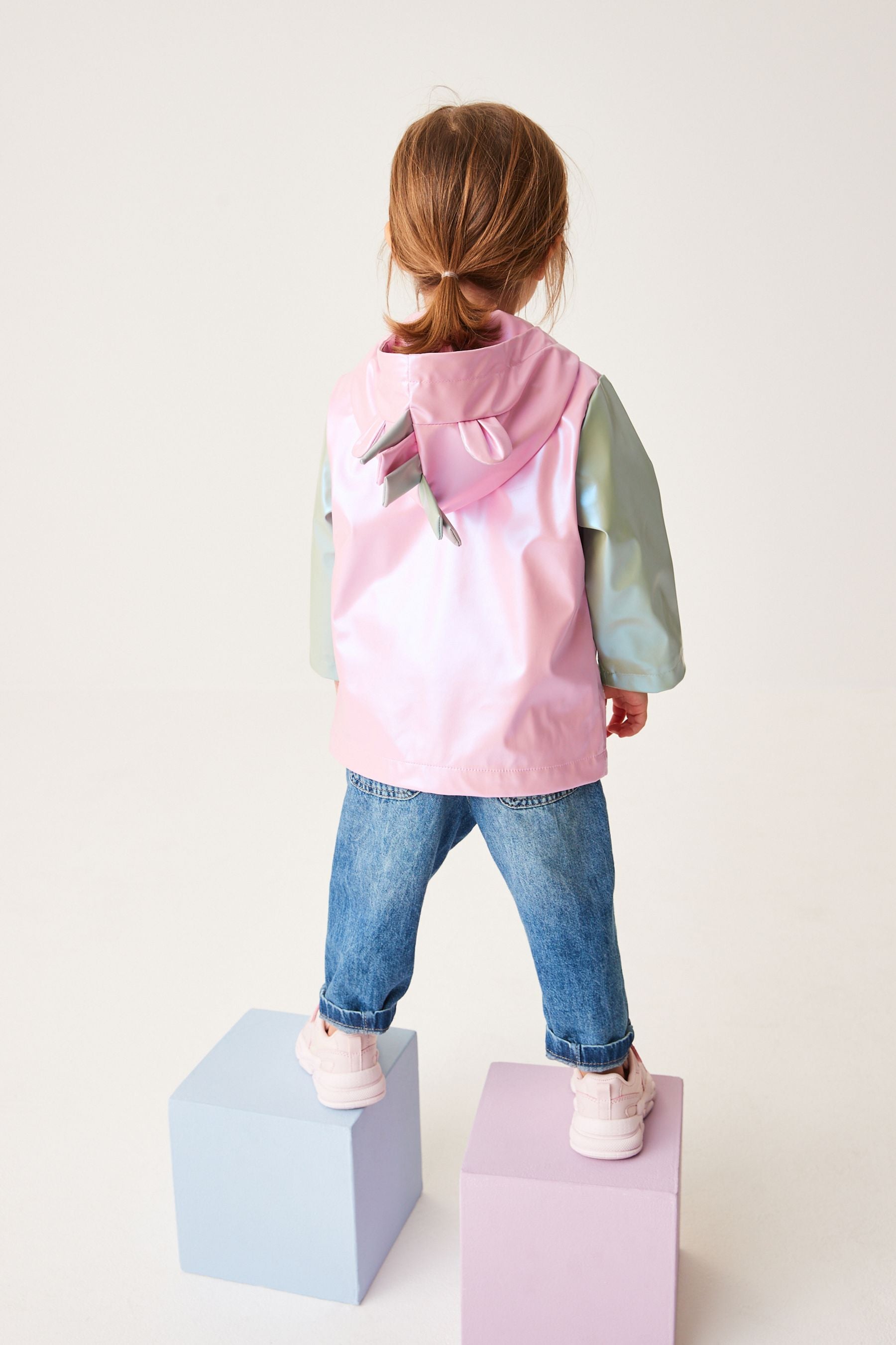 Pink/Green Shower Resistant 3D Unicorn Colourblock Metallic Mac Jacket (3mths-7yrs)