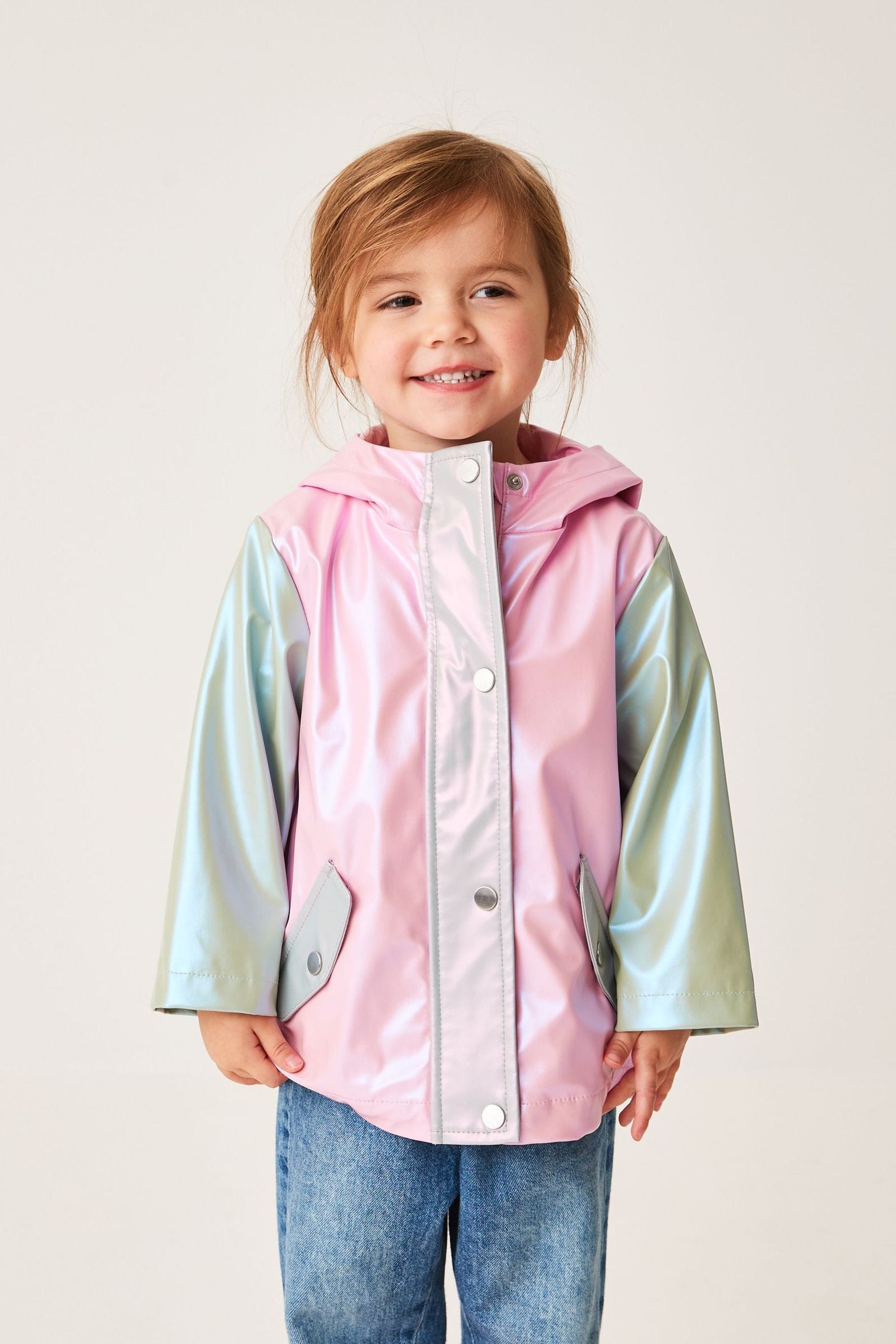 Pink/Green Shower Resistant 3D Unicorn Colourblock Metallic Mac Jacket (3mths-7yrs)