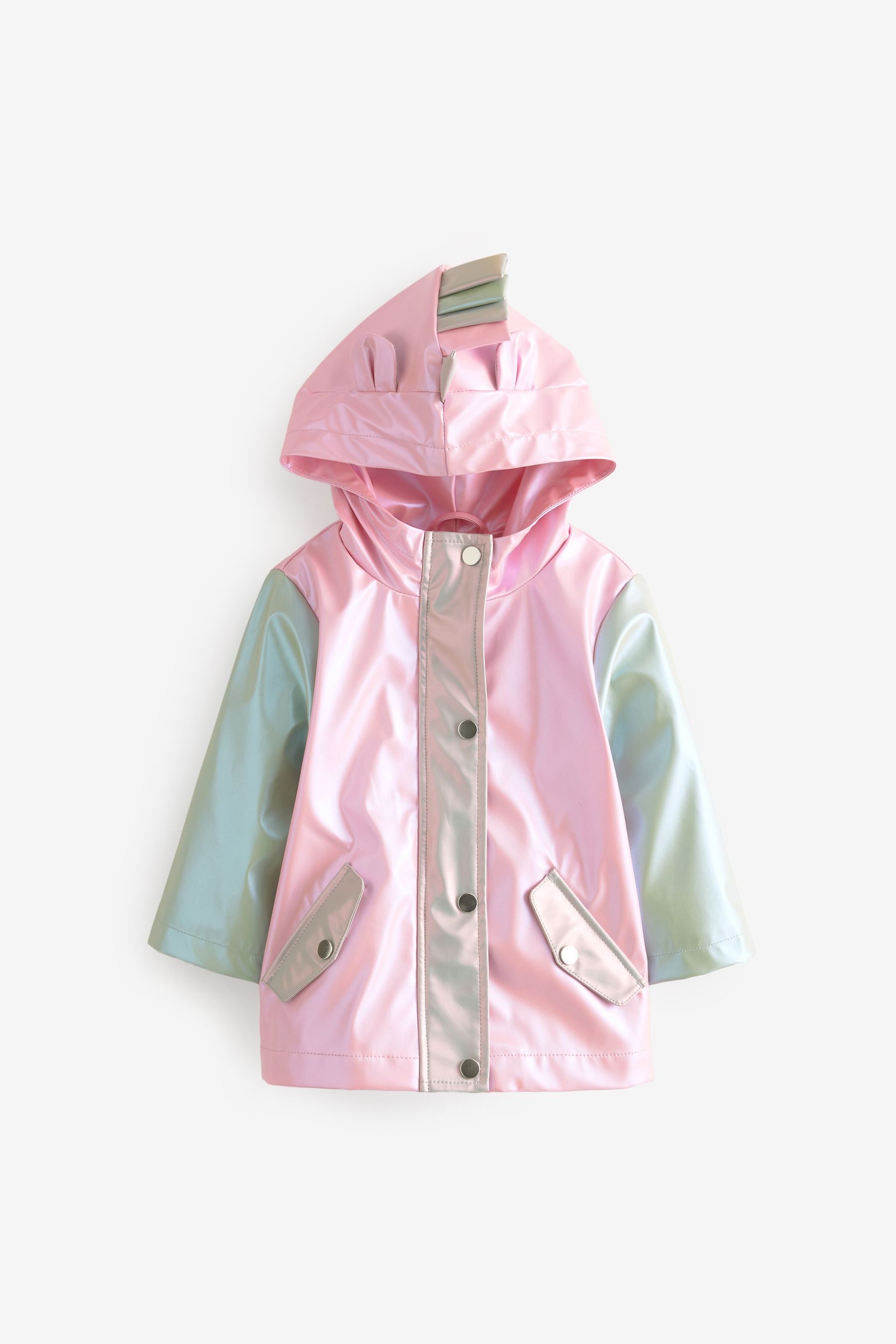 Pink/Green Shower Resistant 3D Unicorn Colourblock Metallic Mac Jacket (3mths-7yrs)