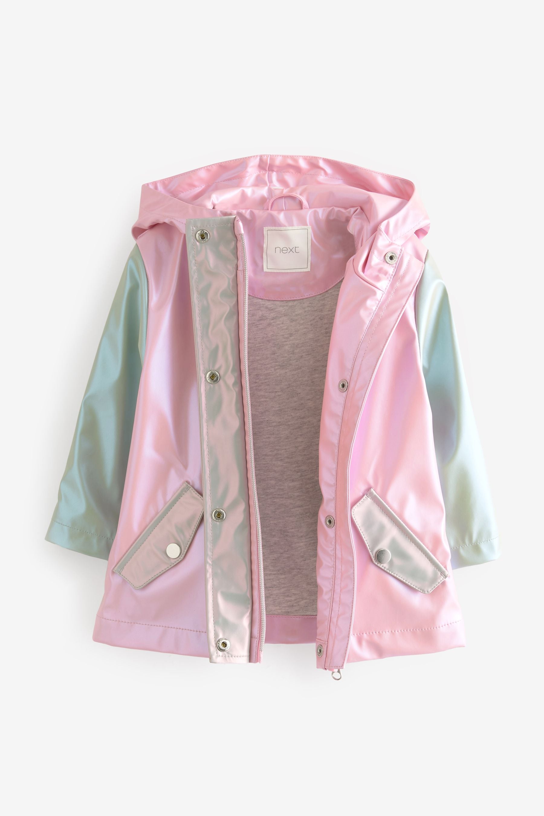 Pink/Green Shower Resistant 3D Unicorn Colourblock Metallic Mac Jacket (3mths-7yrs)