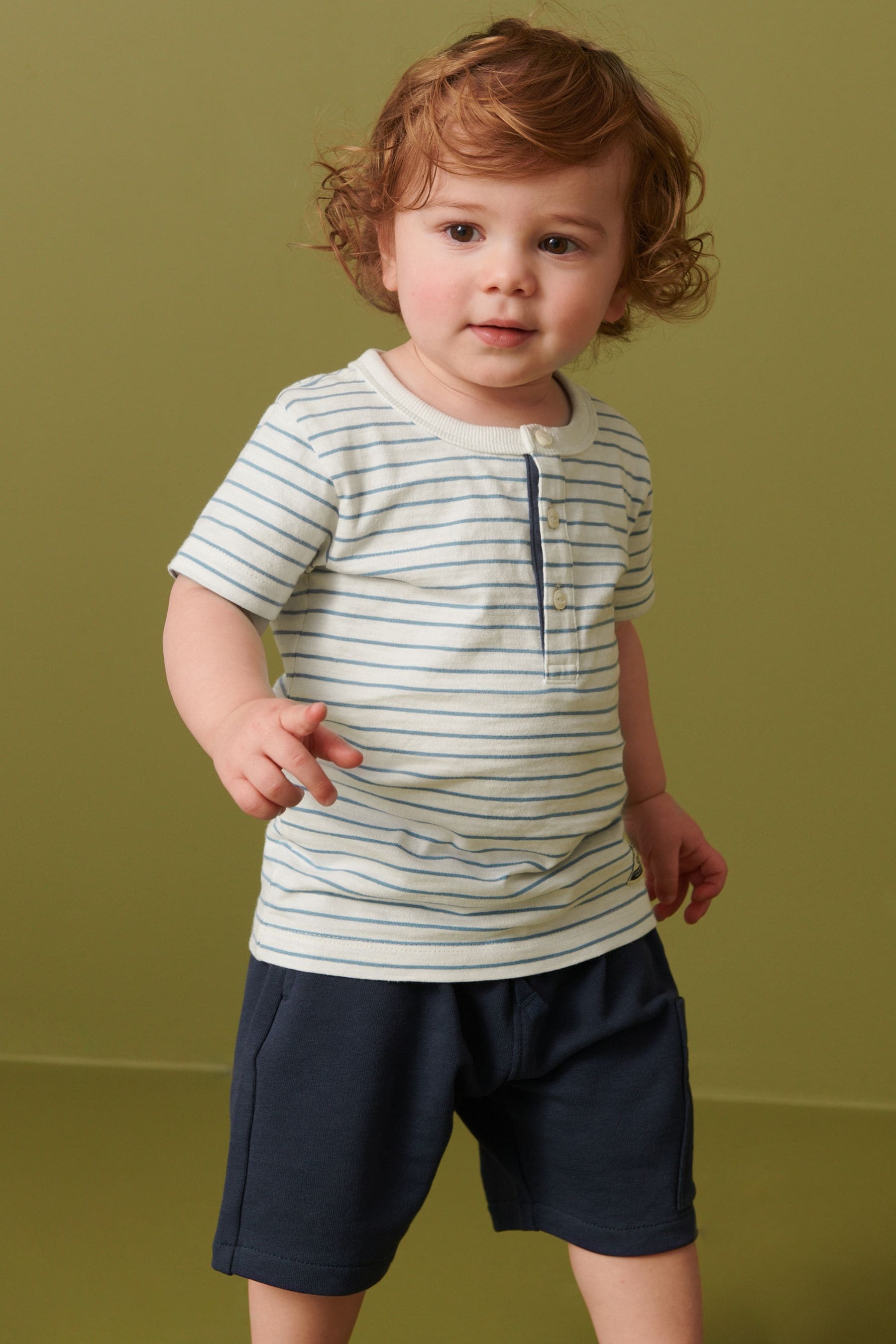 Blue/White Stripe Short Sleeve Henley Top And Shorts Set (3mths-7yrs)