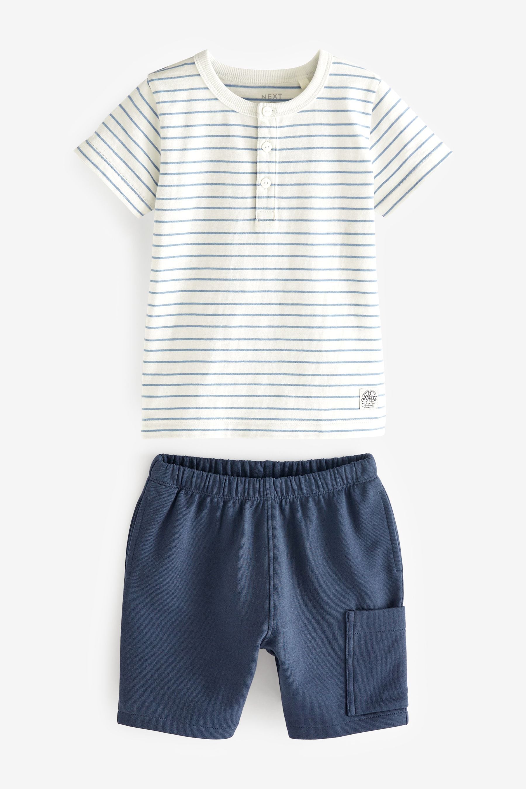 Blue/White Stripe Short Sleeve Henley Top And Shorts Set (3mths-7yrs)