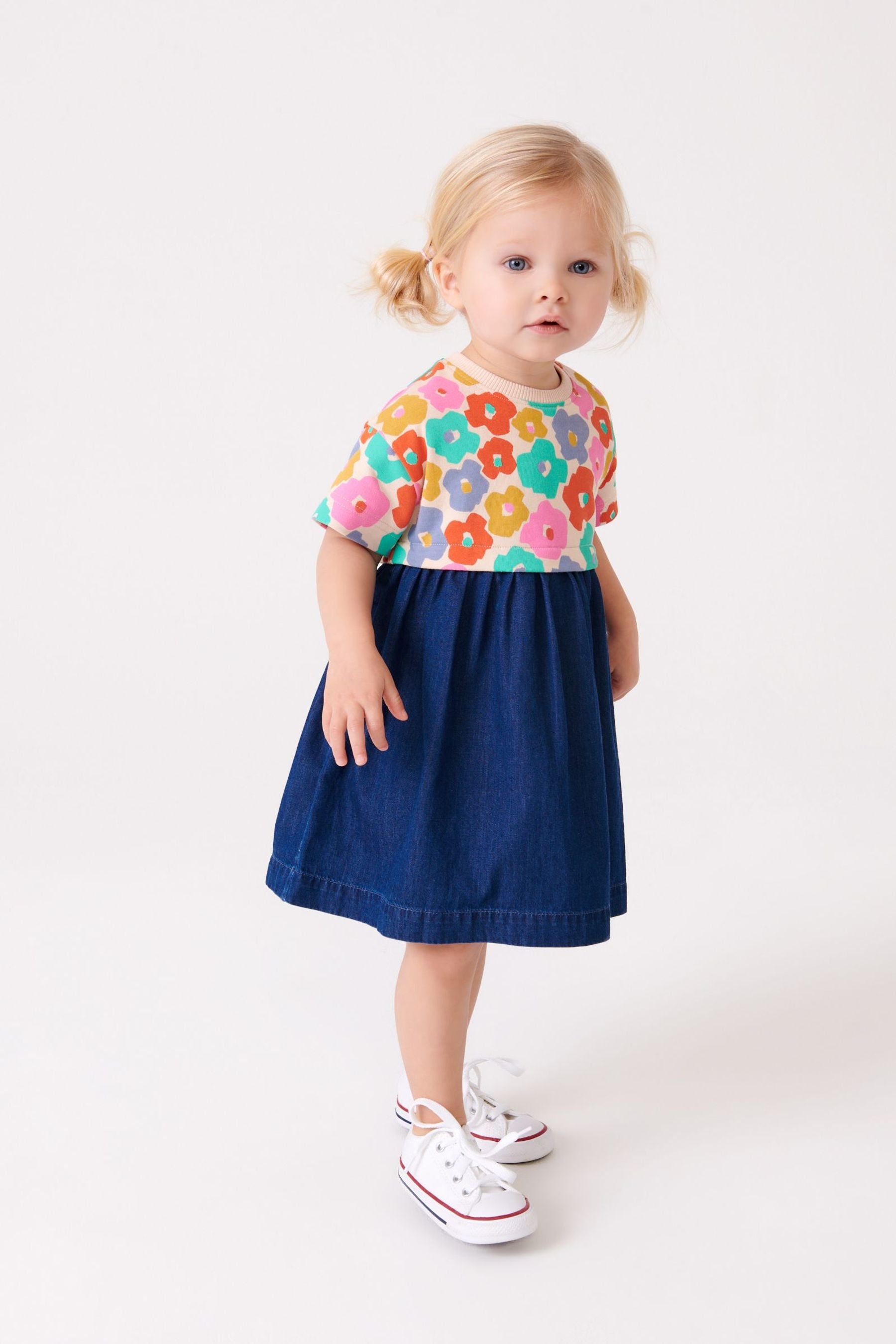 Blue Floral Jersey Denim Mix Dress (3mths-7yrs)