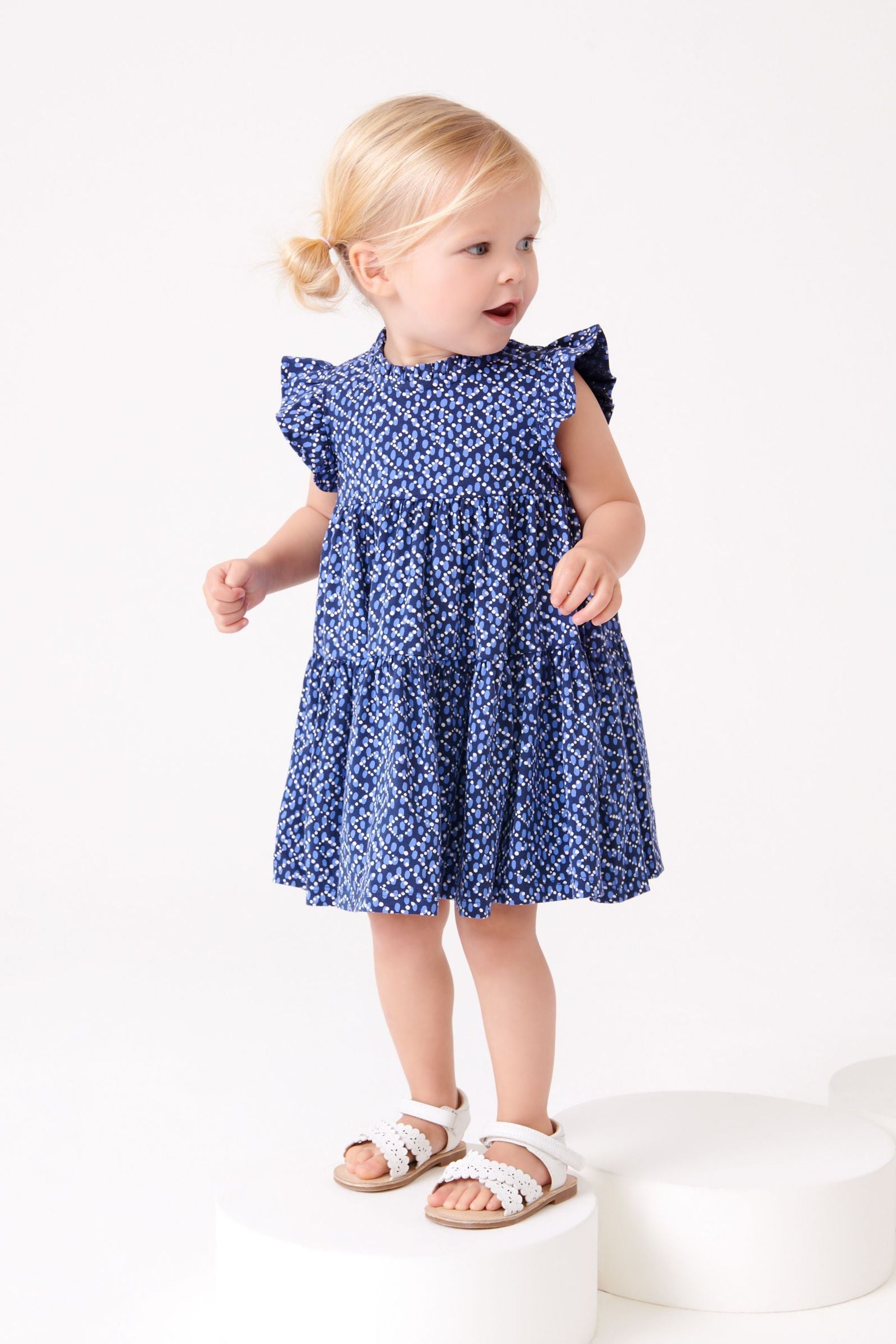 Navy Blue Geo Tiered Frill Dress (3mths-7yrs)