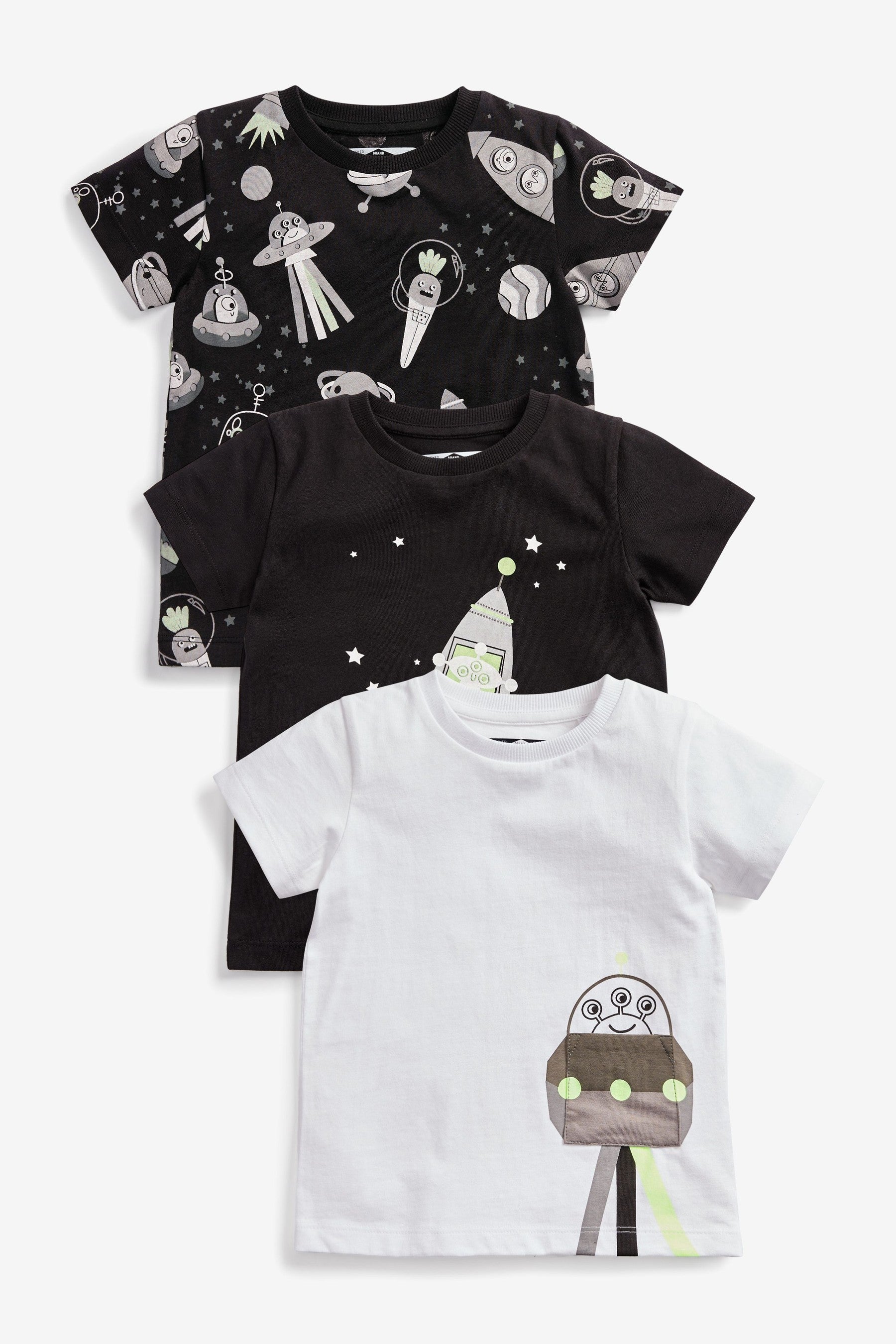 Black/White 3 Pack Alien Short Sleeve T-Shirts (3mths-7yrs)