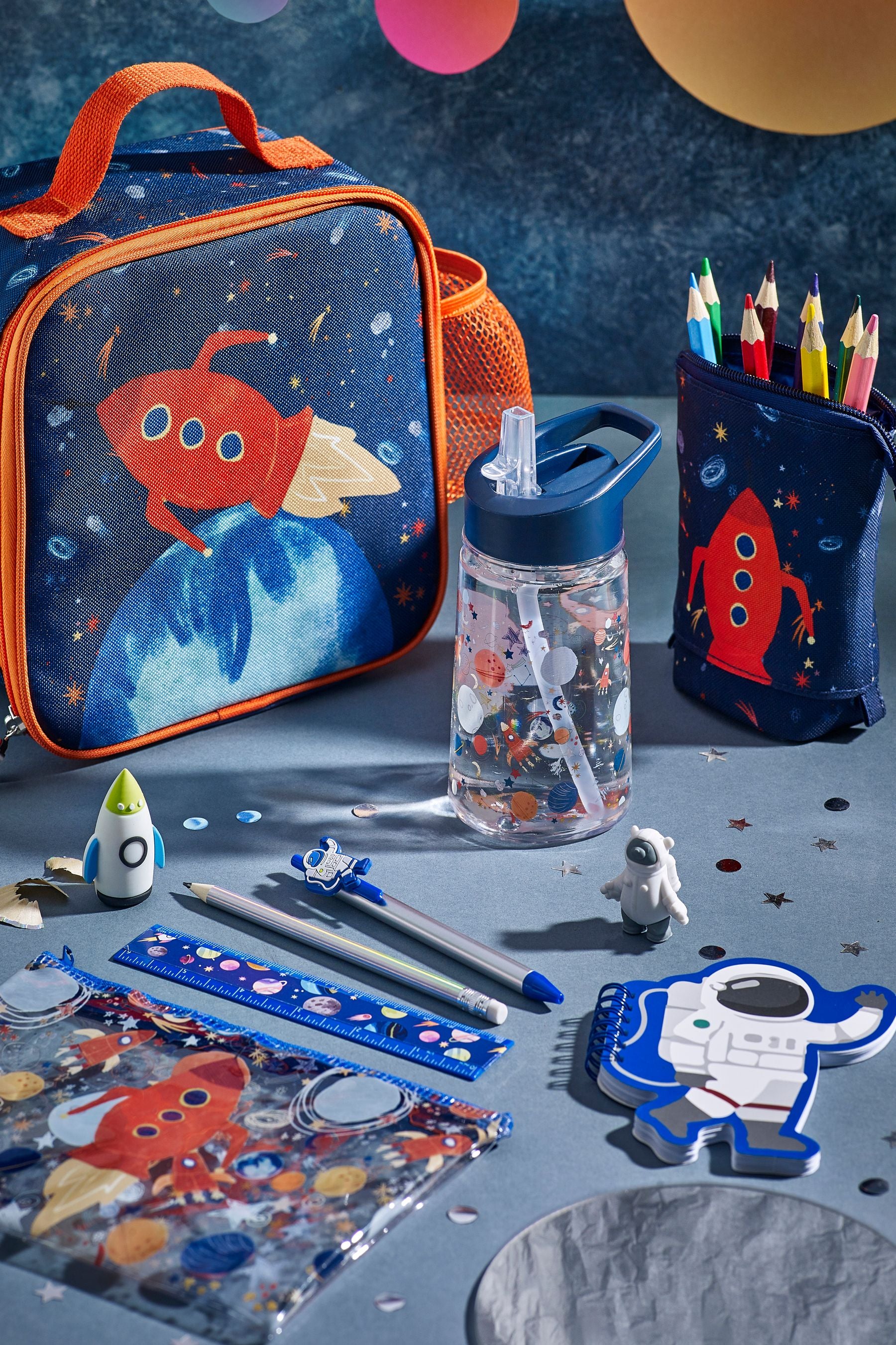 Navy Blue Space Lunch Bag And Water Bottle