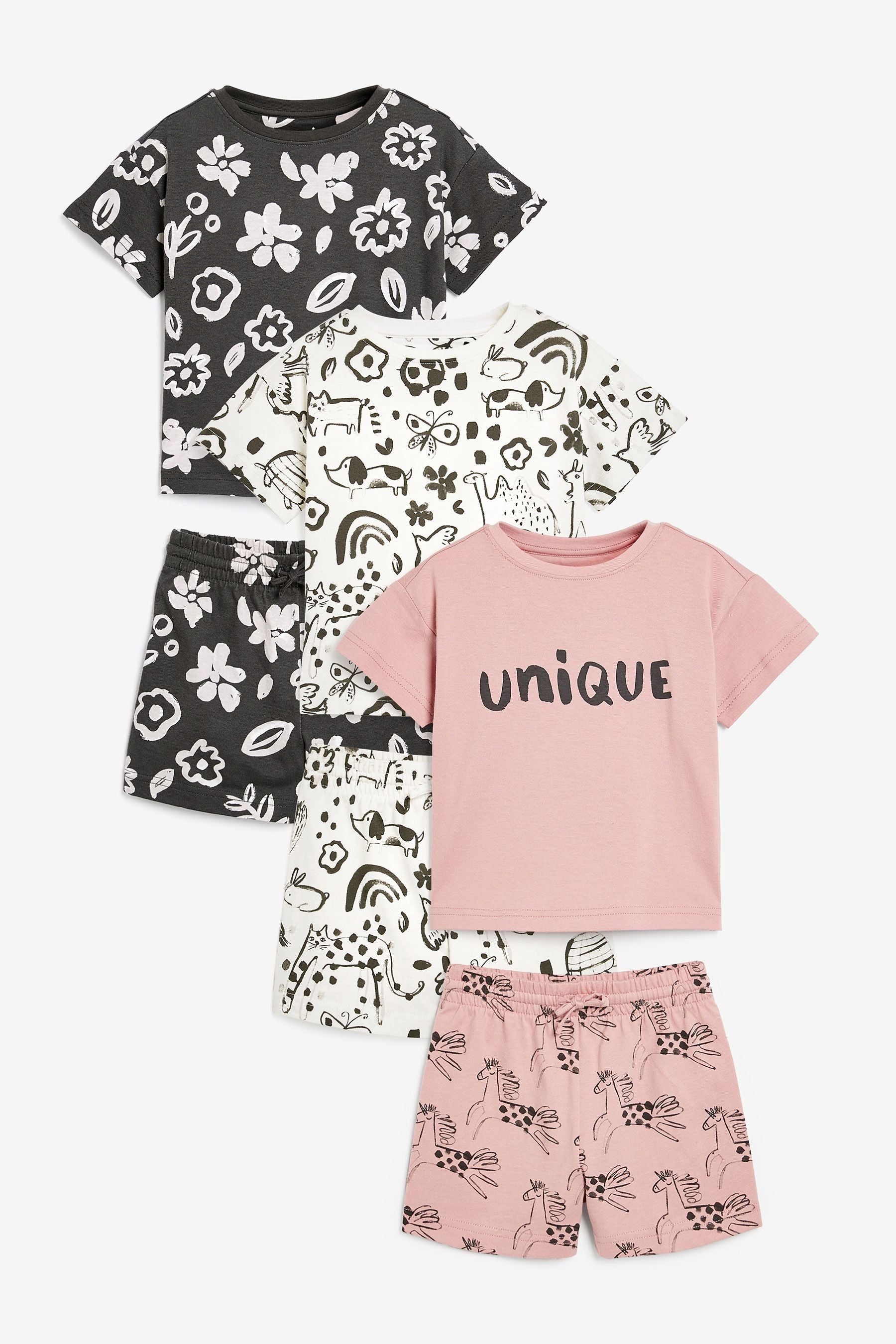 Pink/Black Unicorn Character 3 Pack Short Pyjamas (9mths-8yrs)