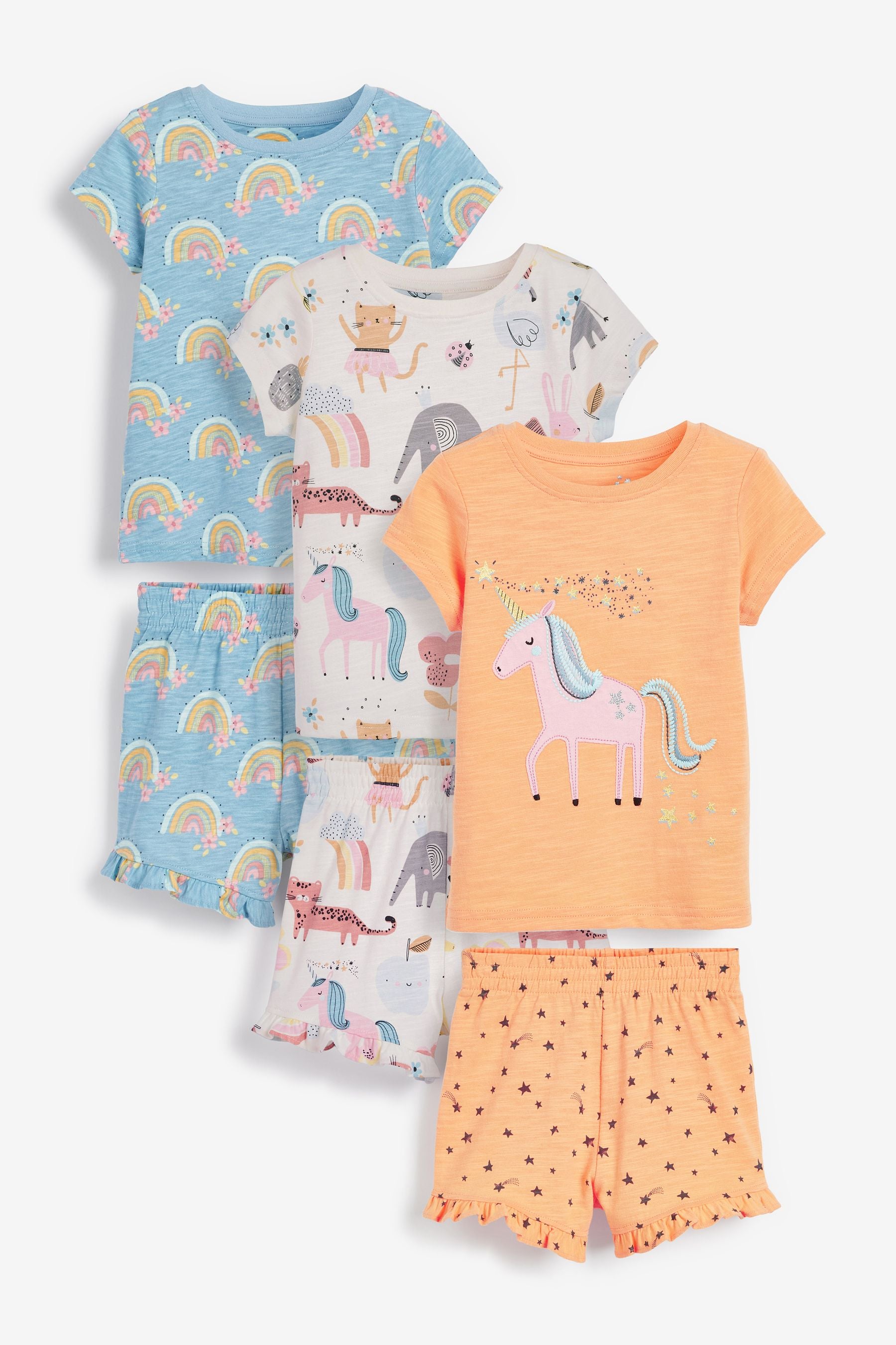 Blue/Orange Unicorn Character 3 Pack Short Pyjamas (9mths-12yrs)