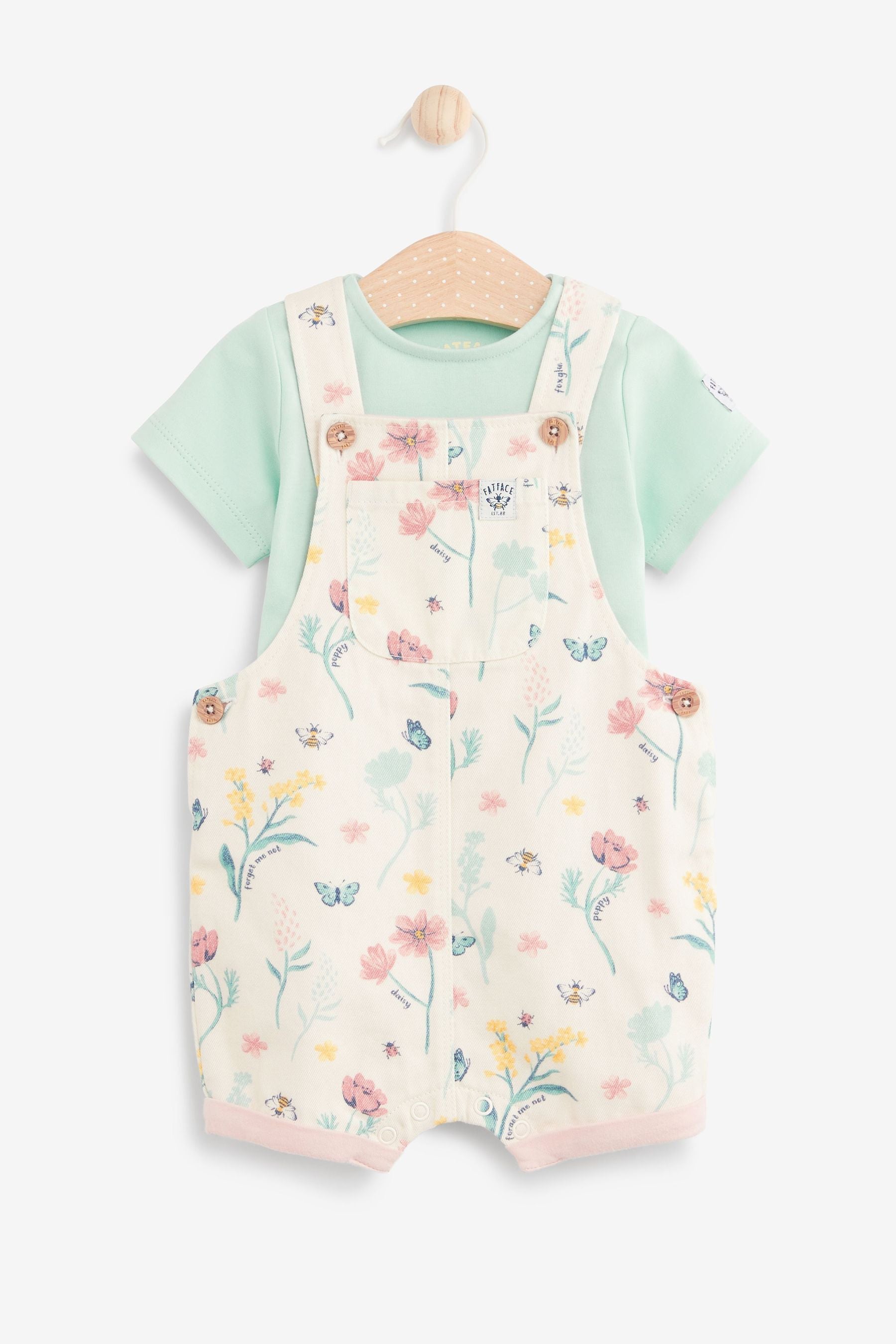 Floral FatFace Baby Crew T-Shirt & Floral Dungarees Set