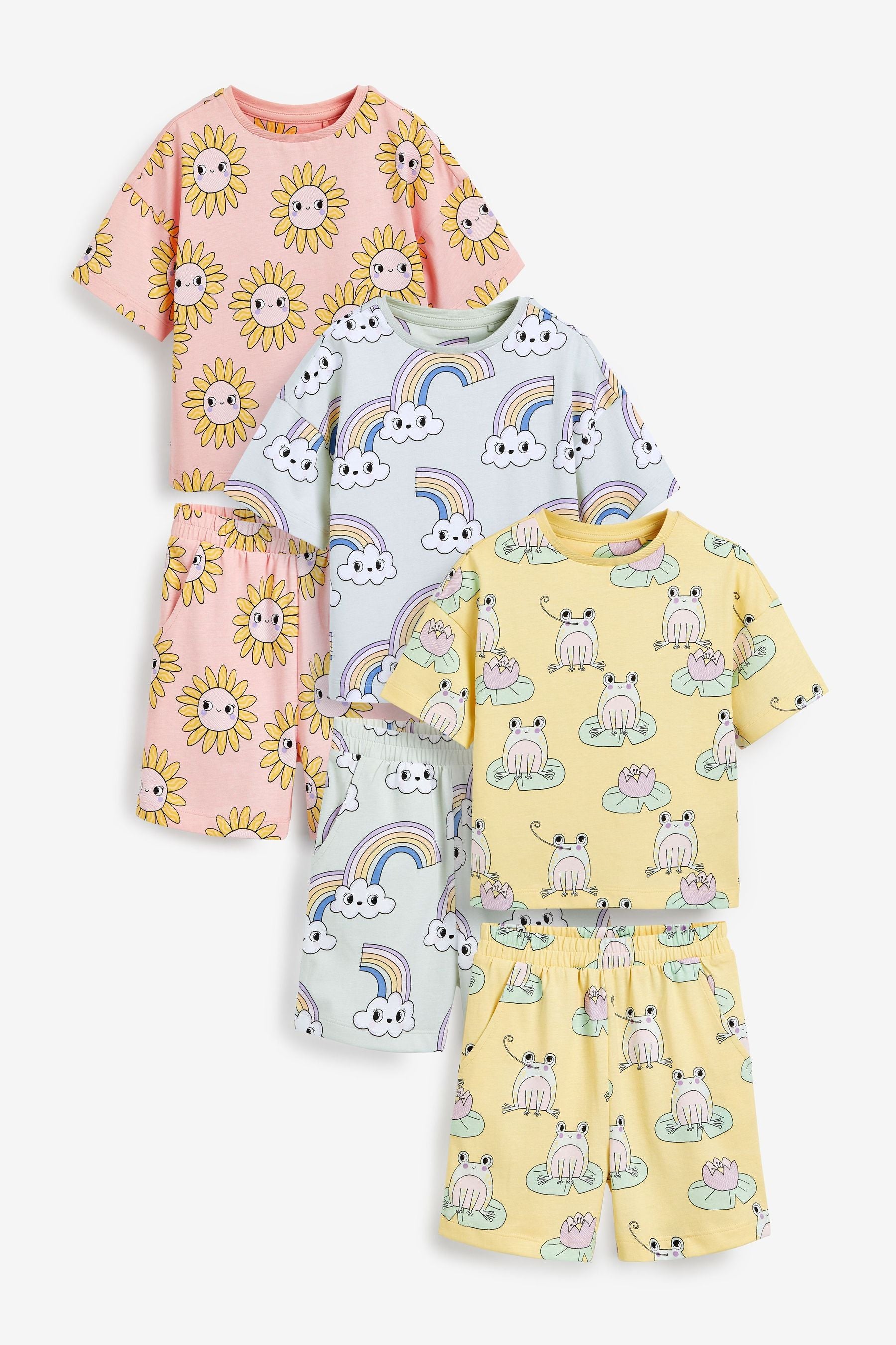 Yellow/Blue Cute Character 3 Pack Short Pyjamas (9mths-8yrs)