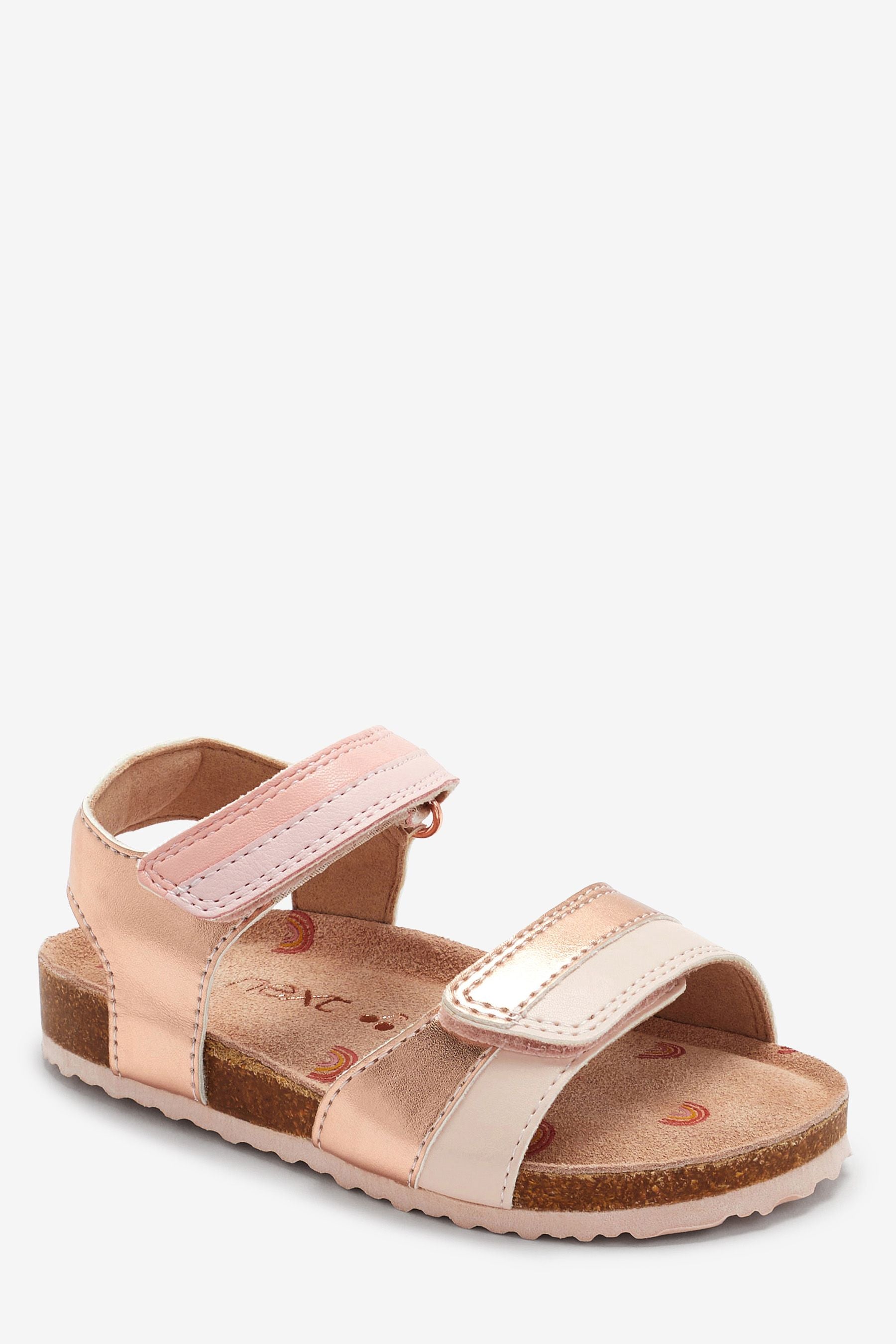 Pink Metallic Stripe Adjustable Strap Corkbed Sandals