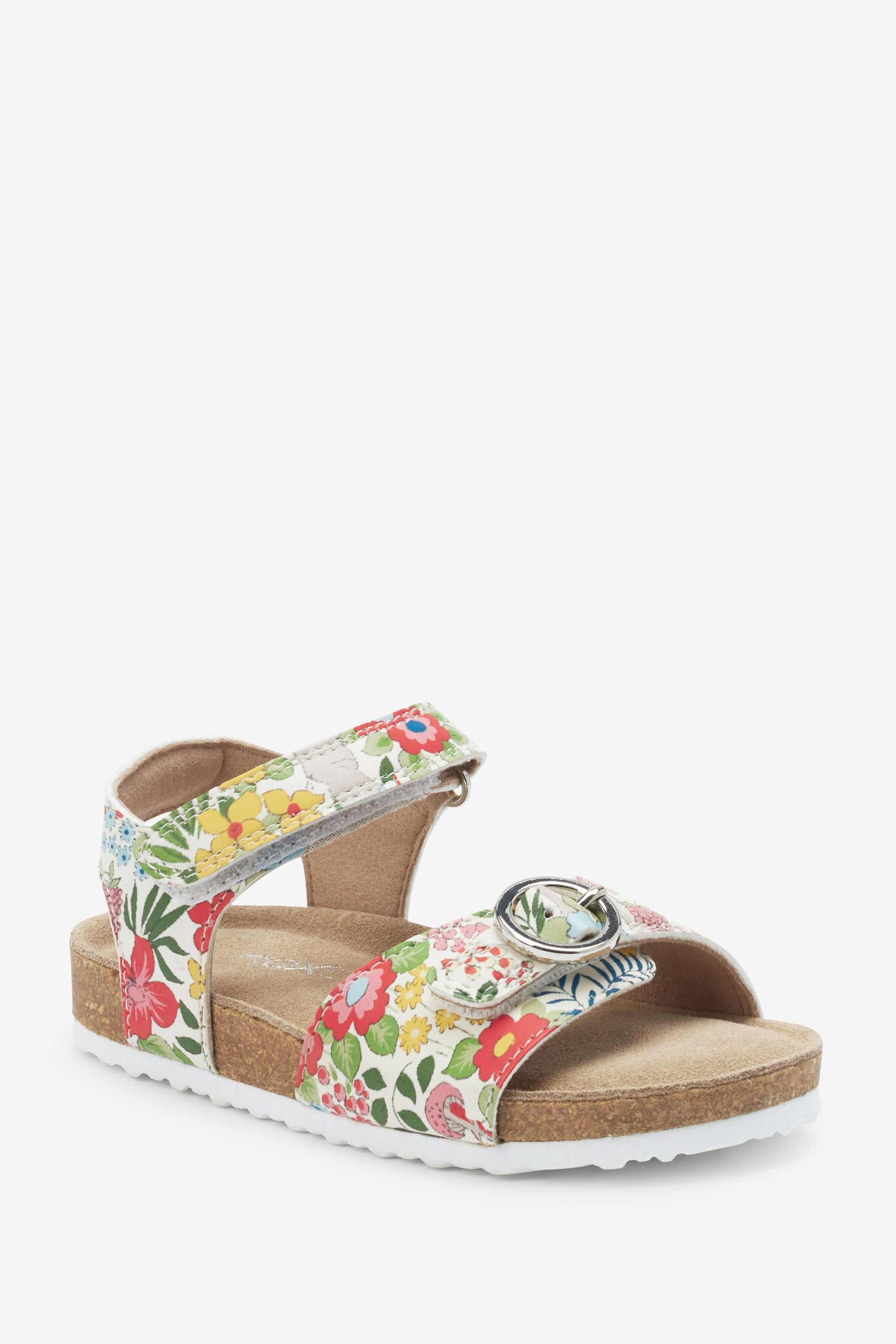 White Floral Adjustable Strap Corkbed Sandals