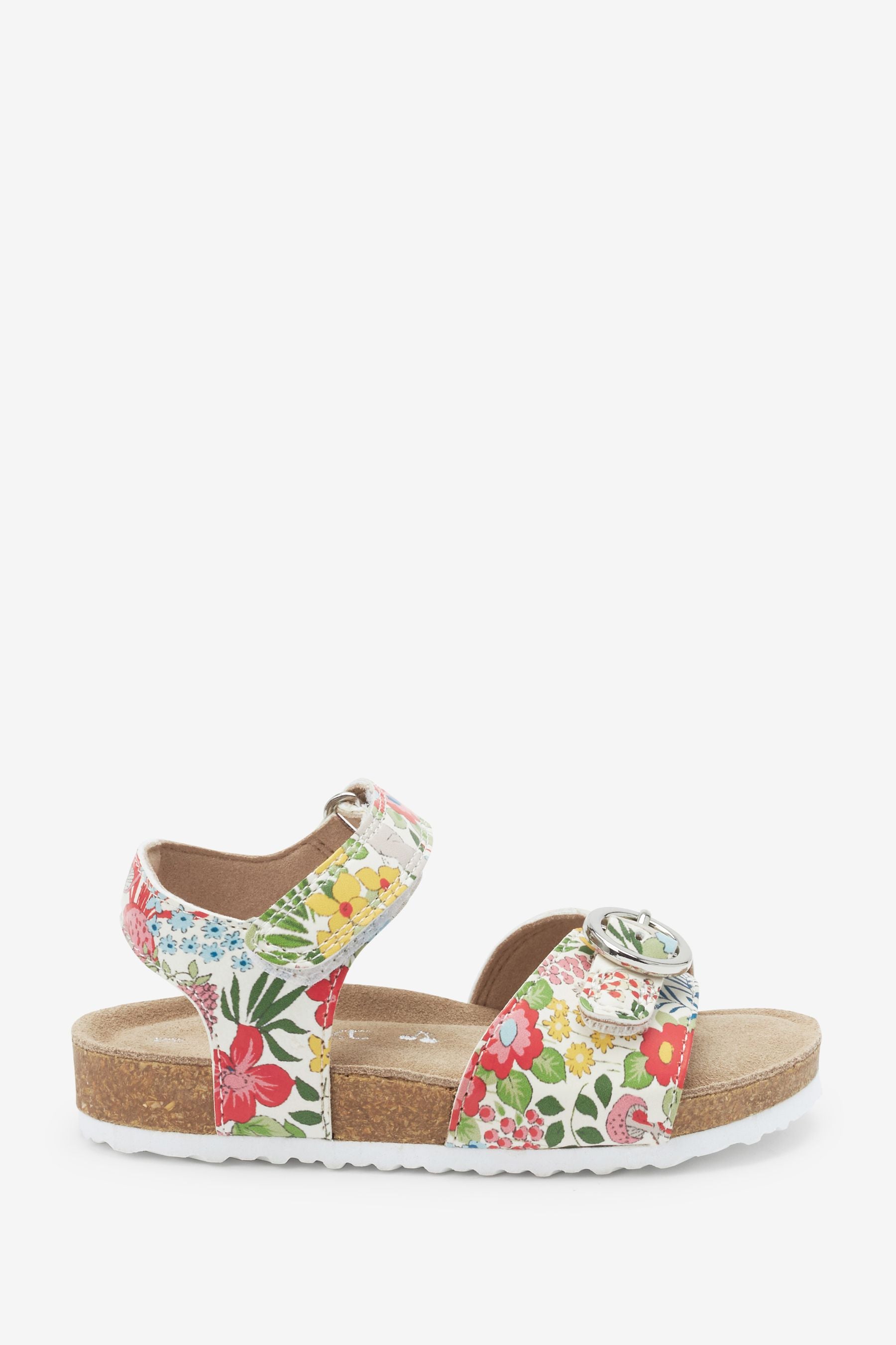 White Floral Adjustable Strap Corkbed Sandals