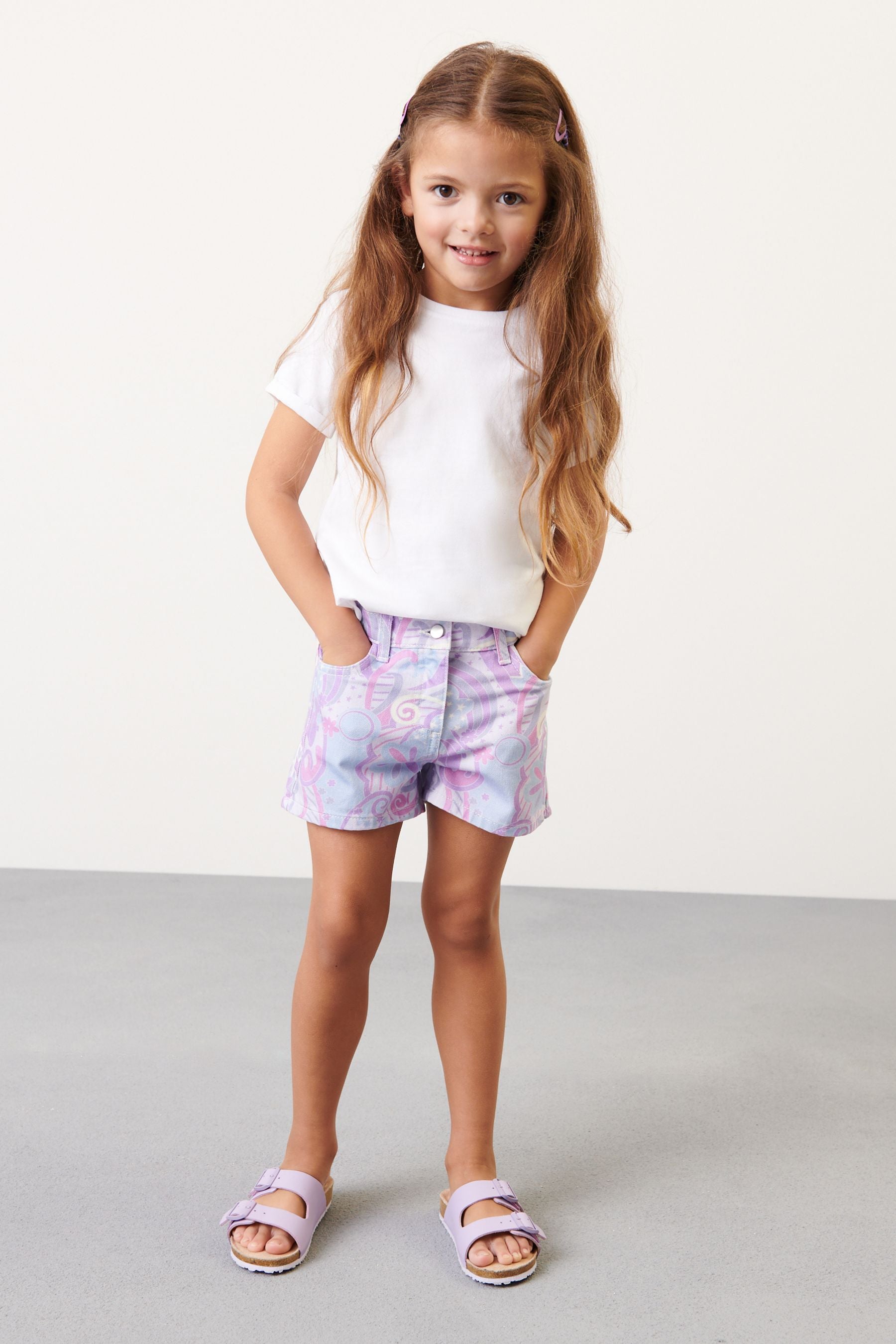 Purple Swirl Print Frayed Hem Longer Length Denim Shorts (3-16yrs)