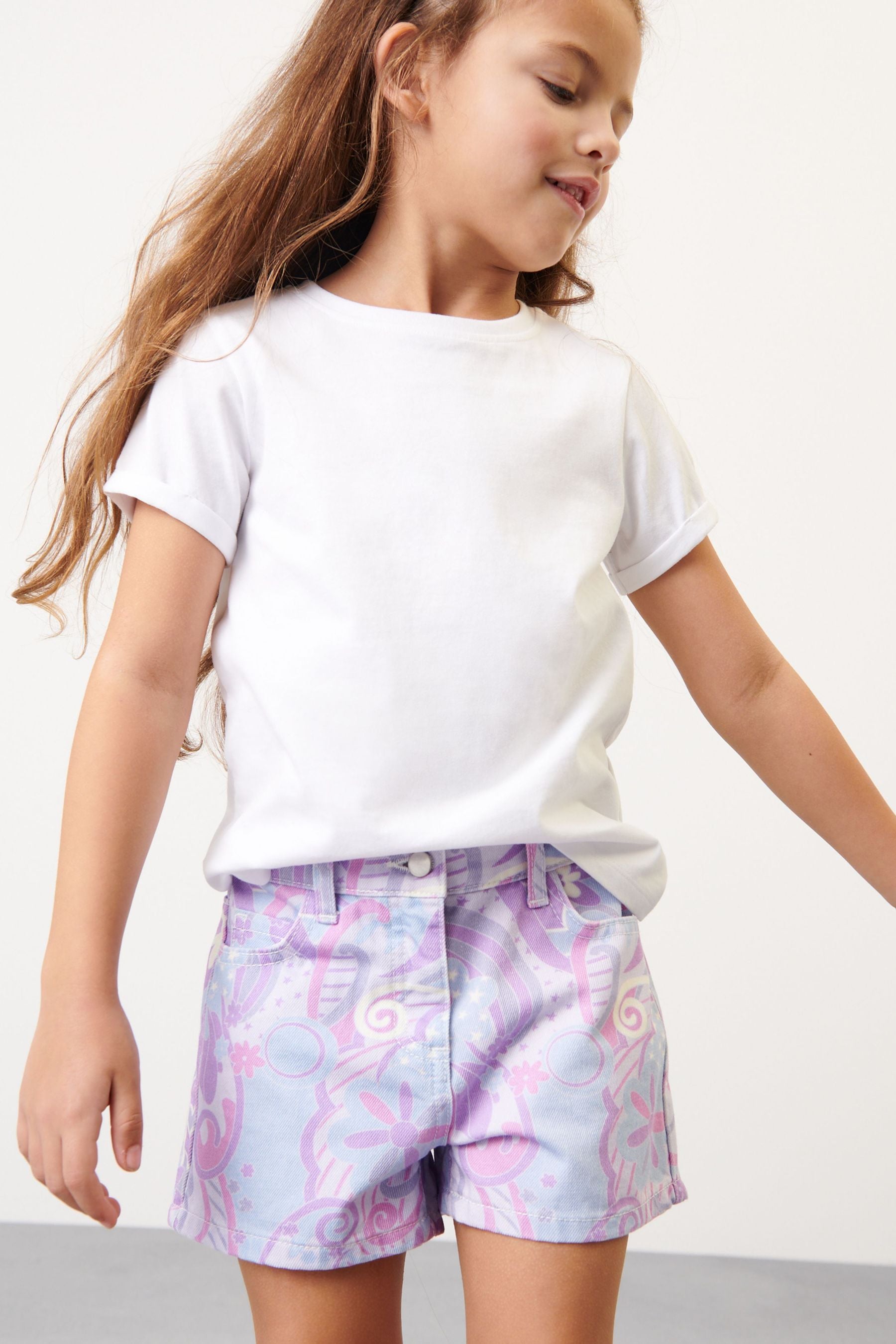 Purple Swirl Print Frayed Hem Longer Length Denim Shorts (3-16yrs)