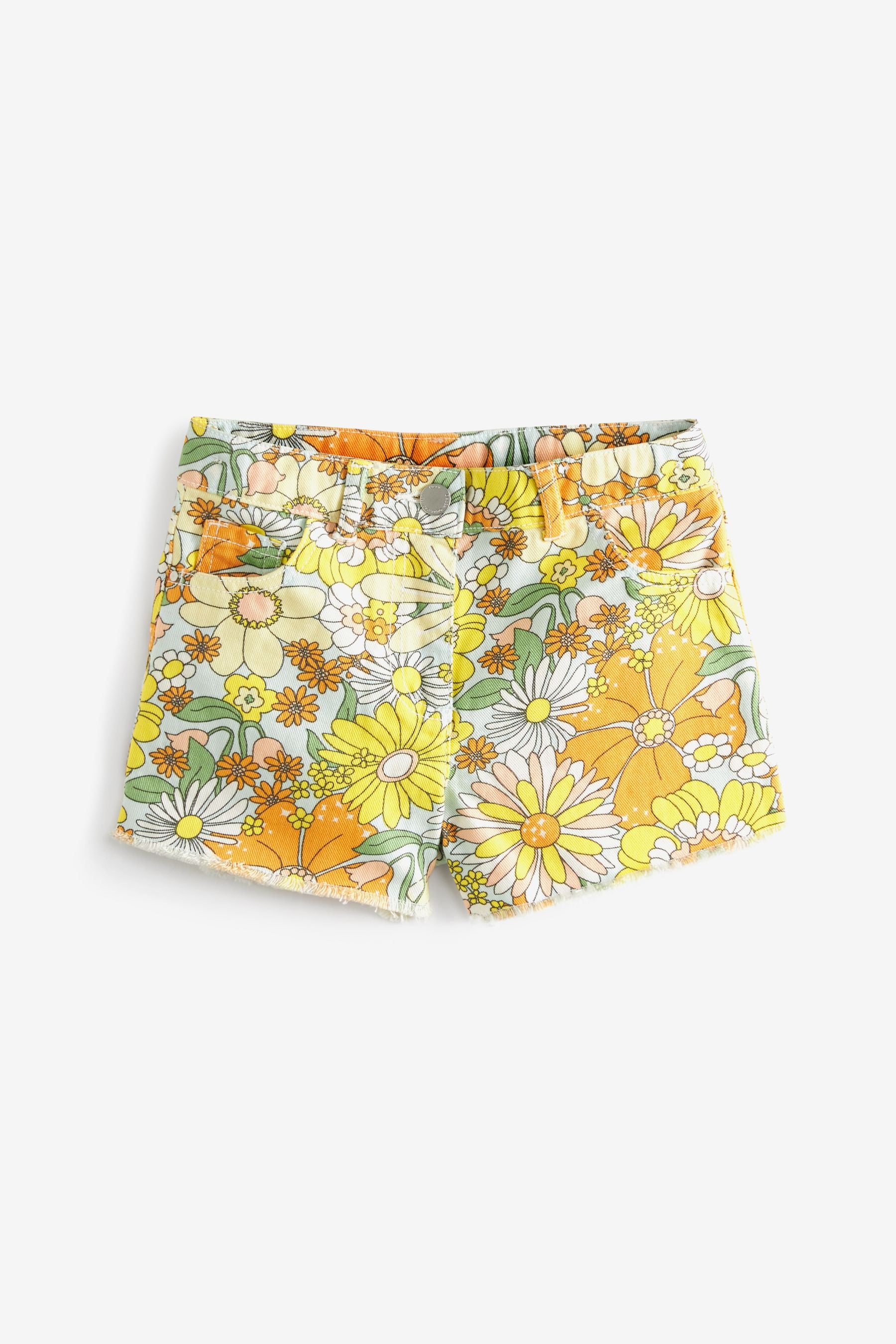 Retro Floral Print Frayed Hem Longer Length Denim Shorts (3-16yrs)