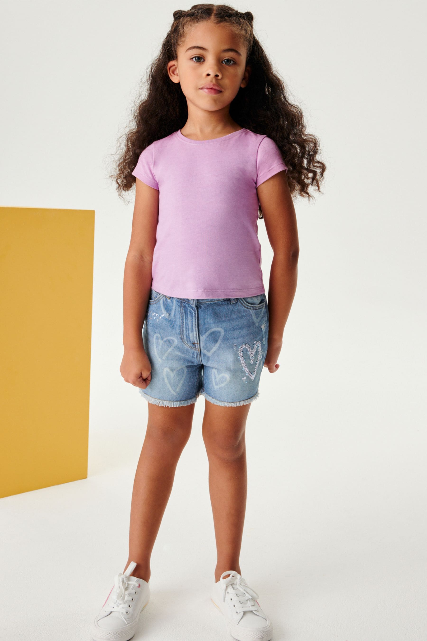 Sequin Heart Frayed Hem Longer Length Denim Shorts (3-16yrs)