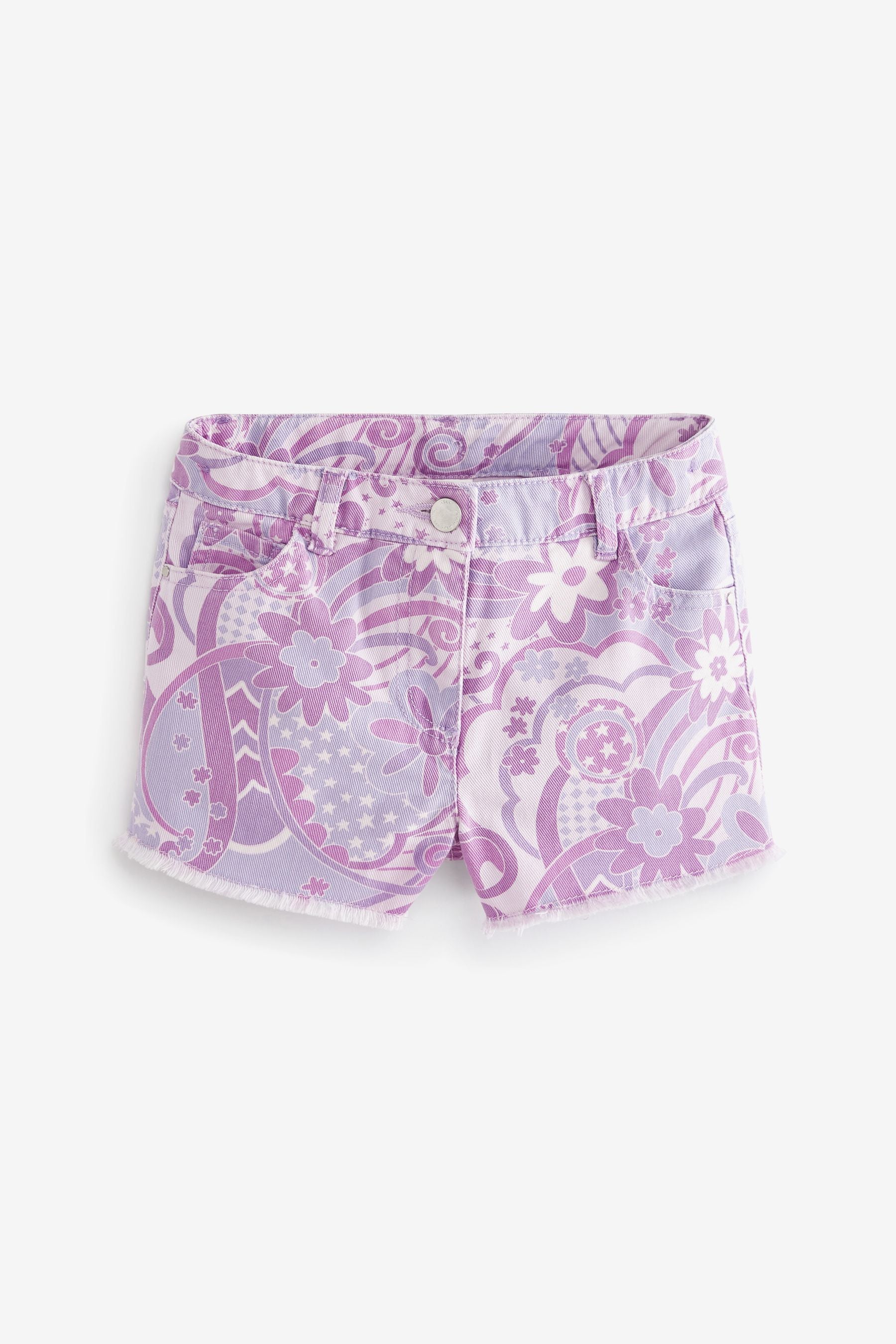 Purple Swirl Print Frayed Hem Longer Length Denim Shorts (3-16yrs)