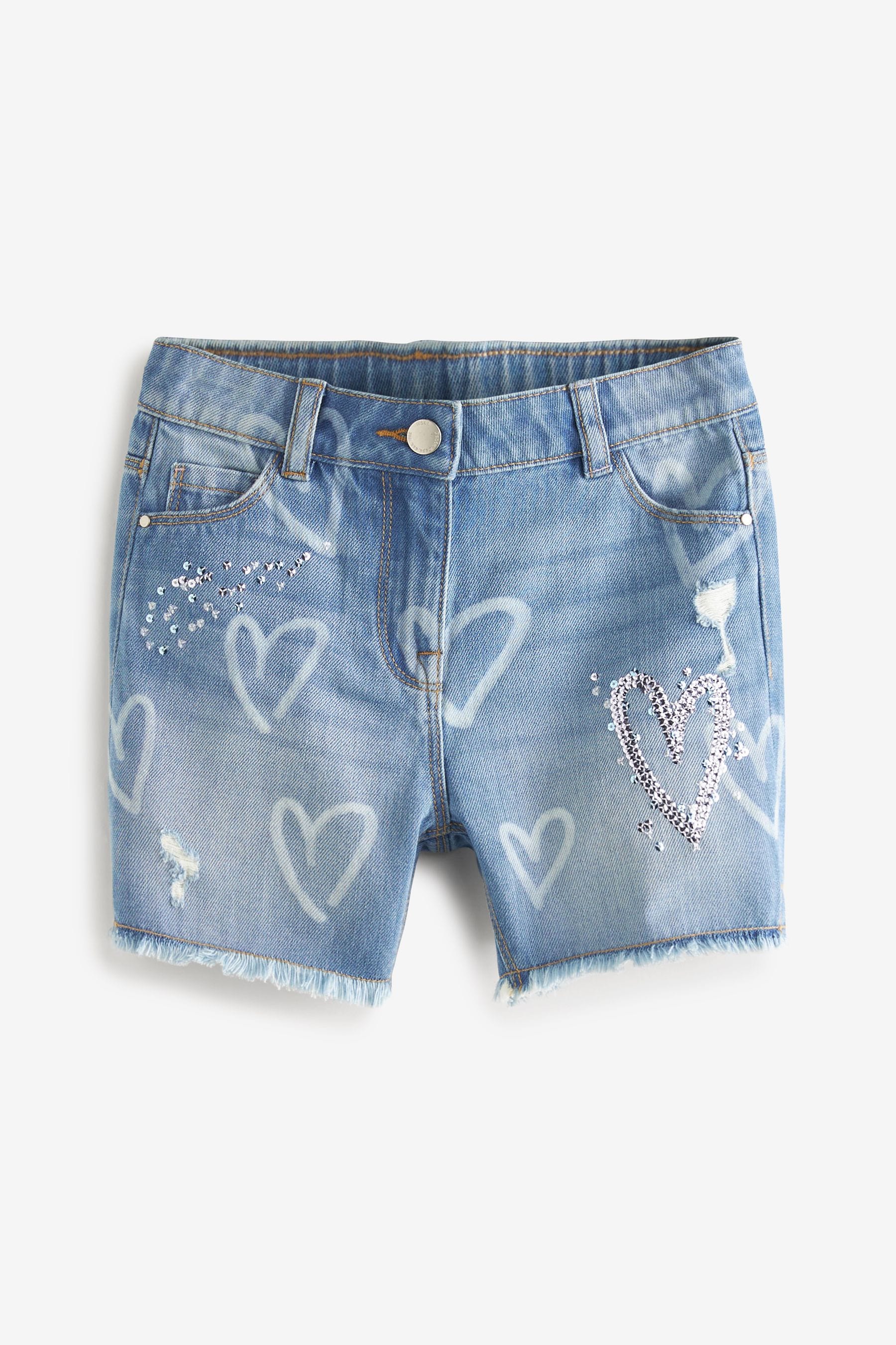 Sequin Heart Frayed Hem Longer Length Denim Shorts (3-16yrs)