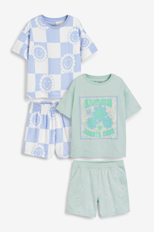 Blue/Green Checkerboard Flower 2 Pack Cycle Short Pyjamas (3-16yrs)