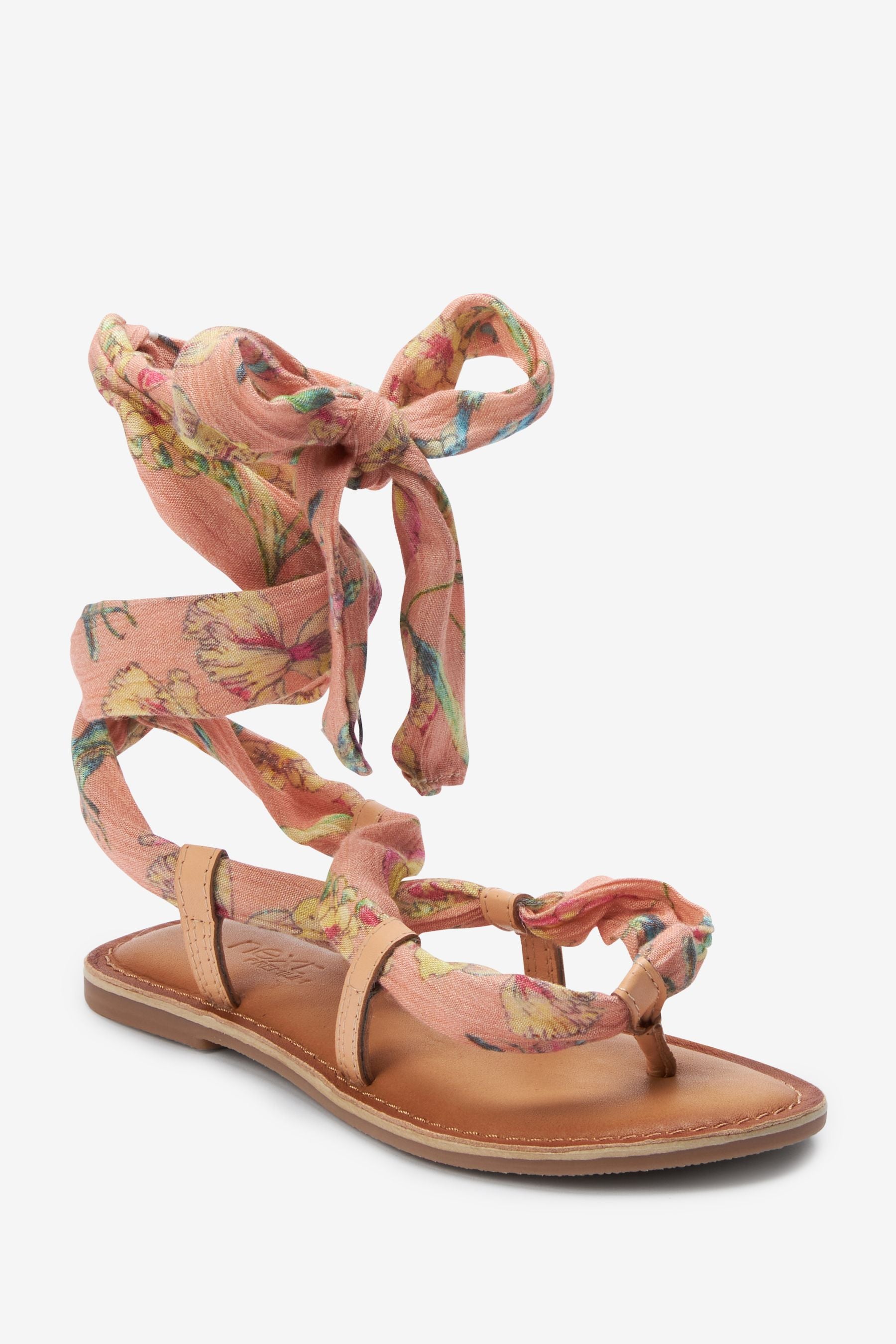 White/Orange Floral Scarf Tie Leather Sandals