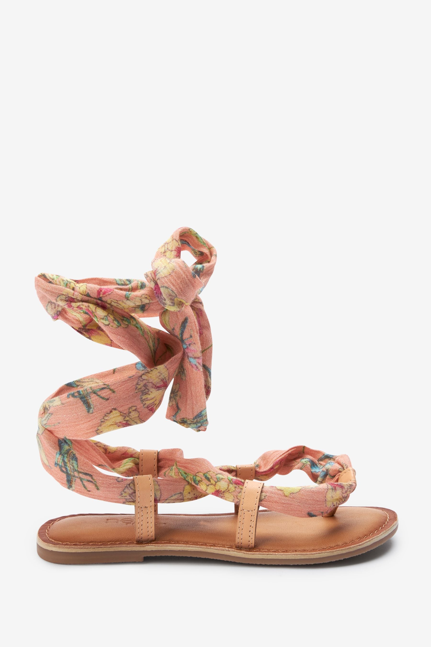 White/Orange Floral Scarf Tie Leather Sandals