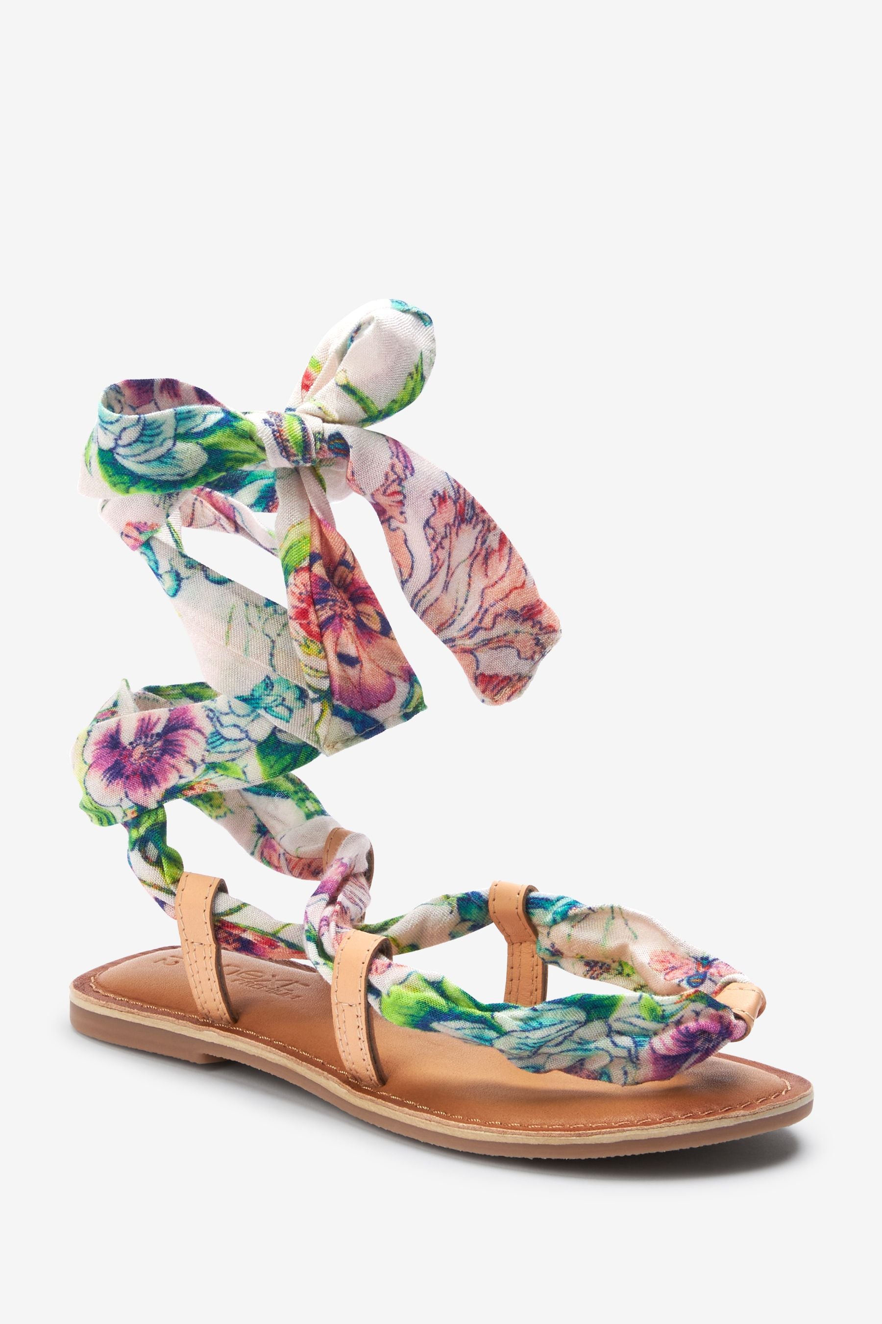 White/Orange Floral Scarf Tie Leather Sandals