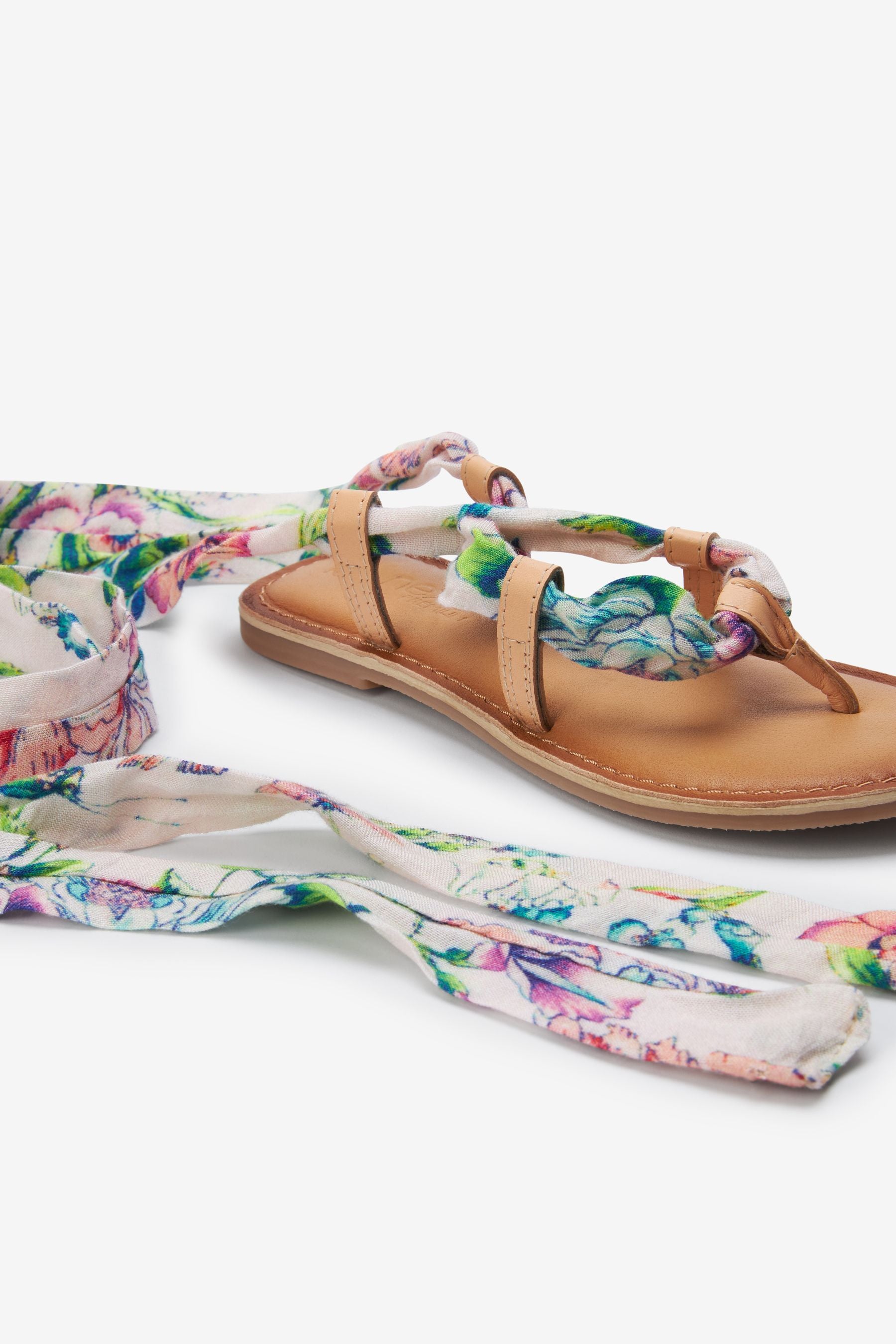 White/Orange Floral Scarf Tie Leather Sandals