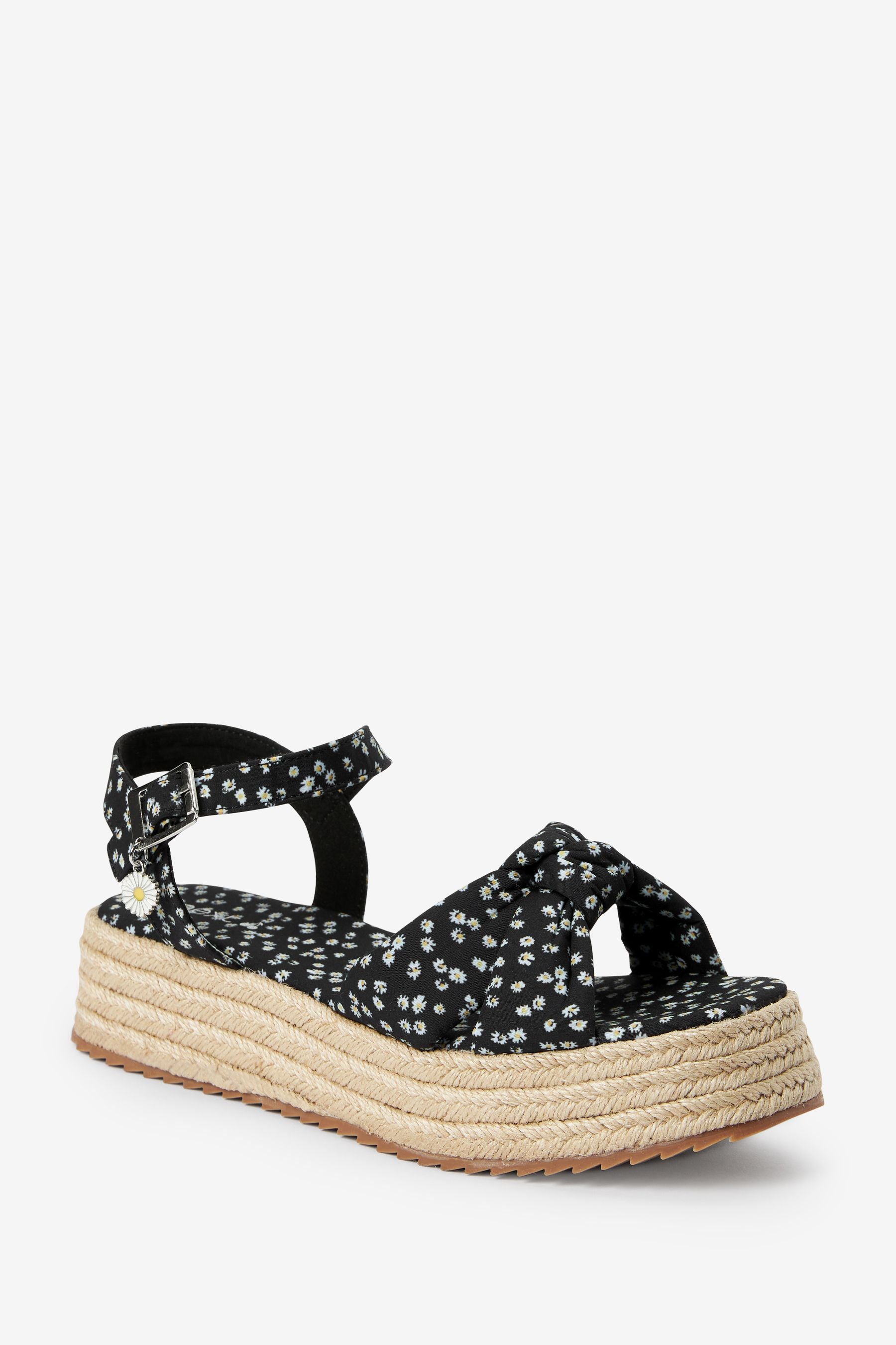 Black/White Daisy Print Wedge Sandals