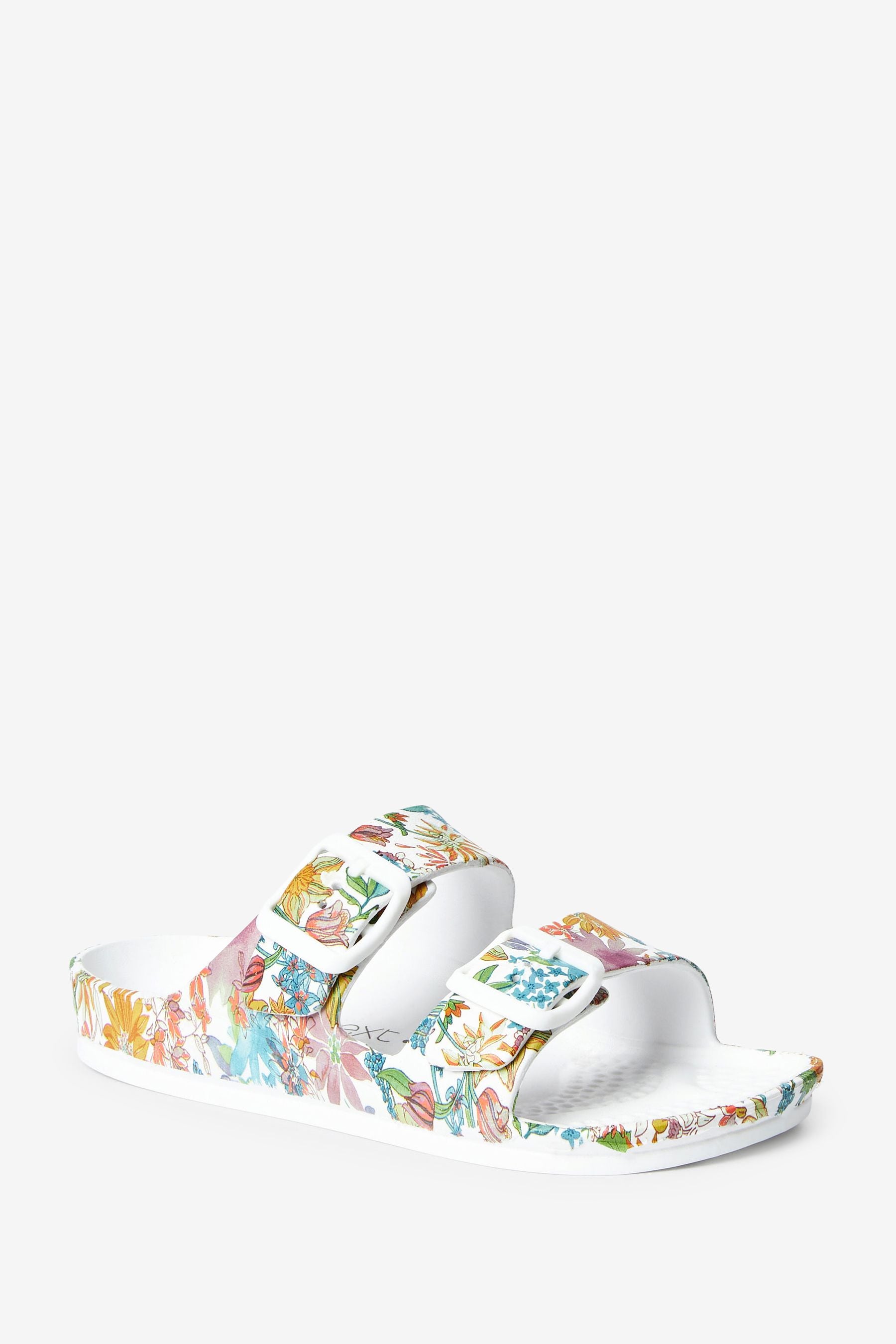 White Floral Double Buckle Sliders