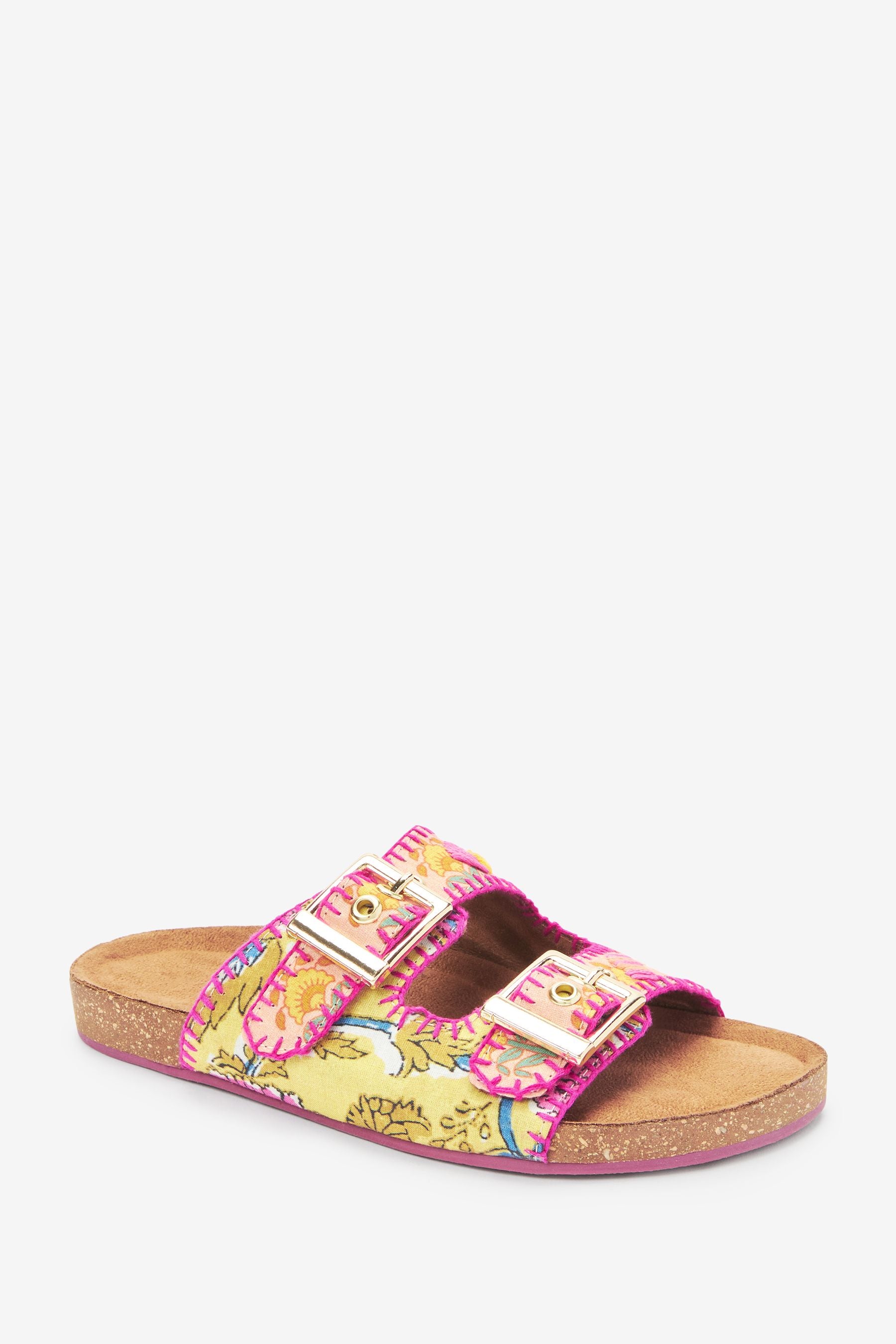 Yellow/Pink Embroidered Premium Double Buckle Corkbed Sandals