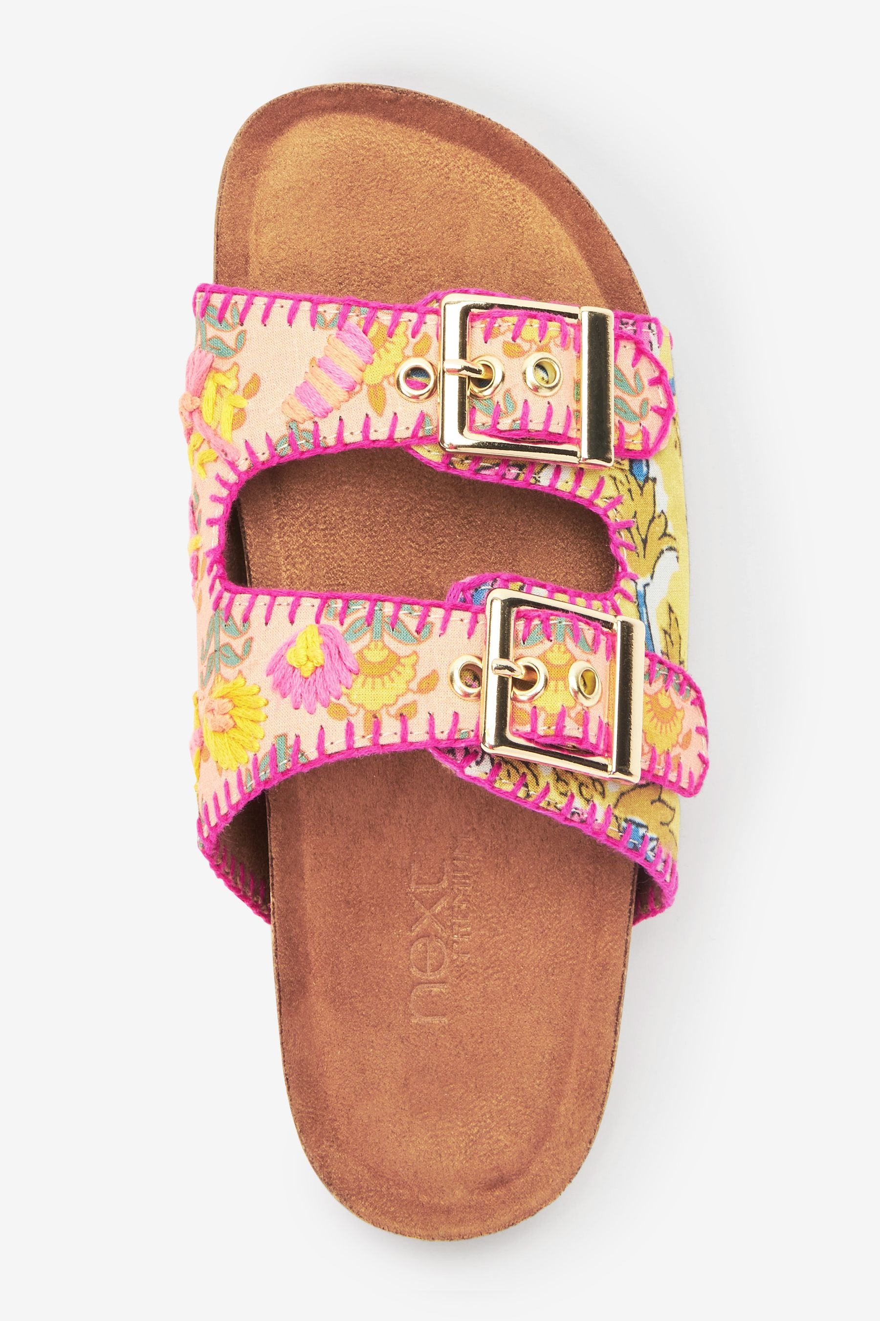 Yellow/Pink Embroidered Premium Double Buckle Corkbed Sandals