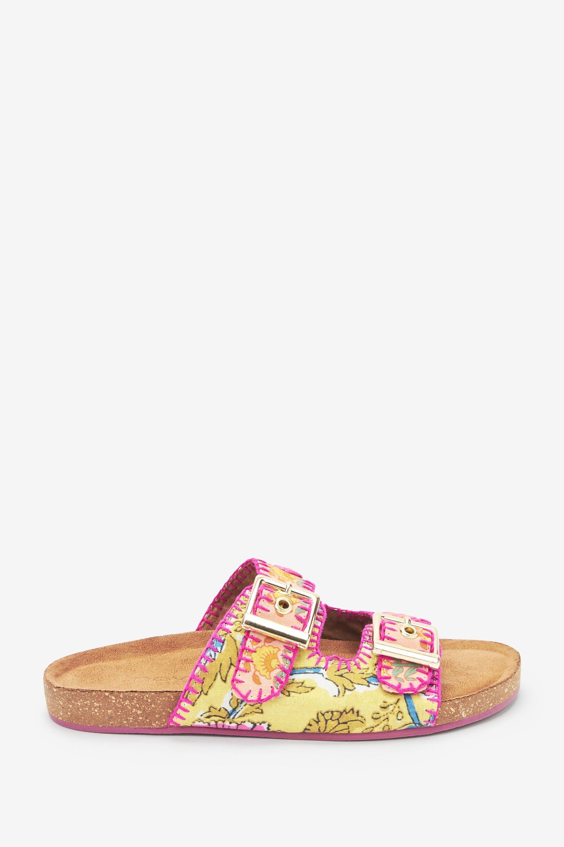 Yellow/Pink Embroidered Premium Double Buckle Corkbed Sandals