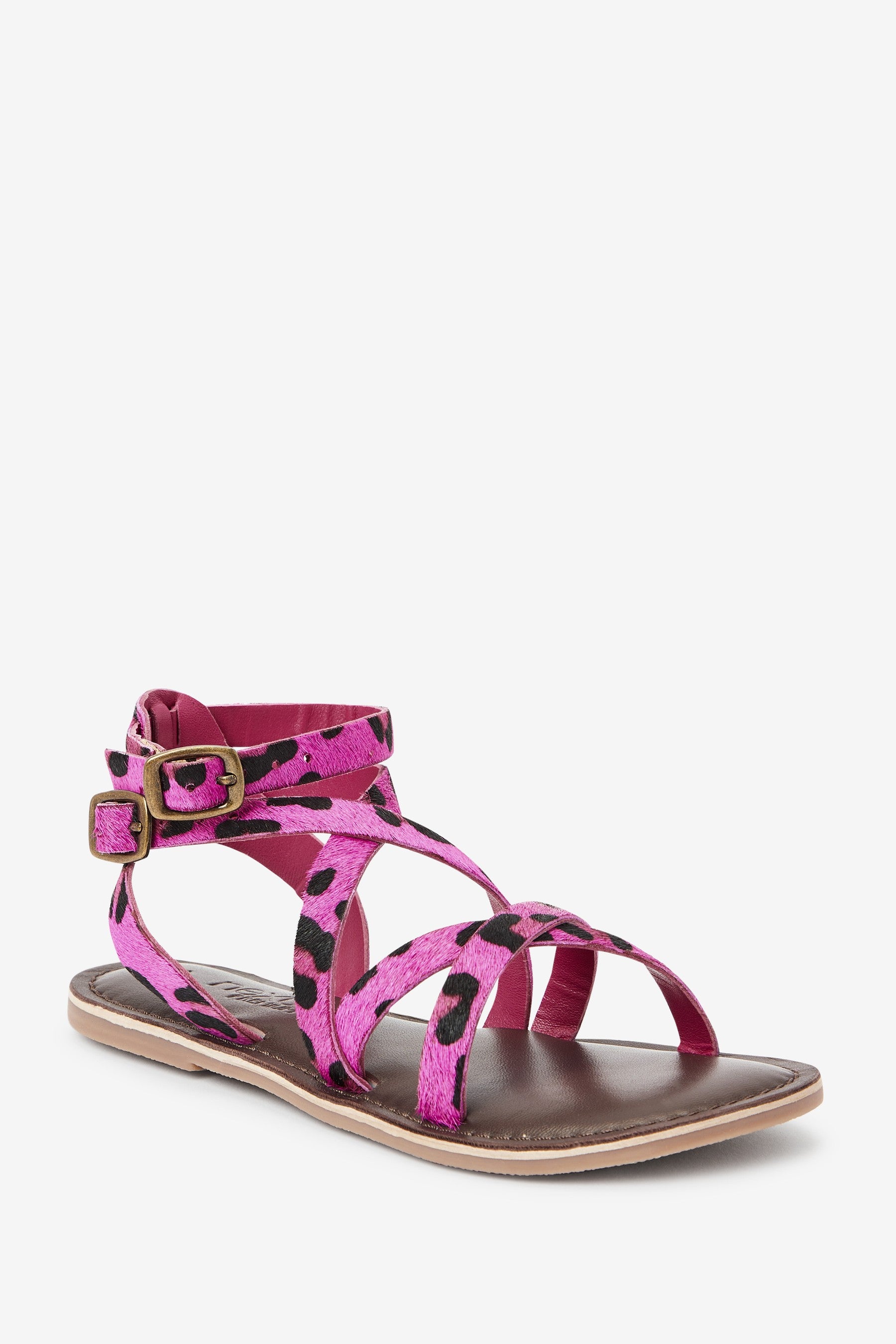 Pink/Black Animal Leather Gladiator Sandals